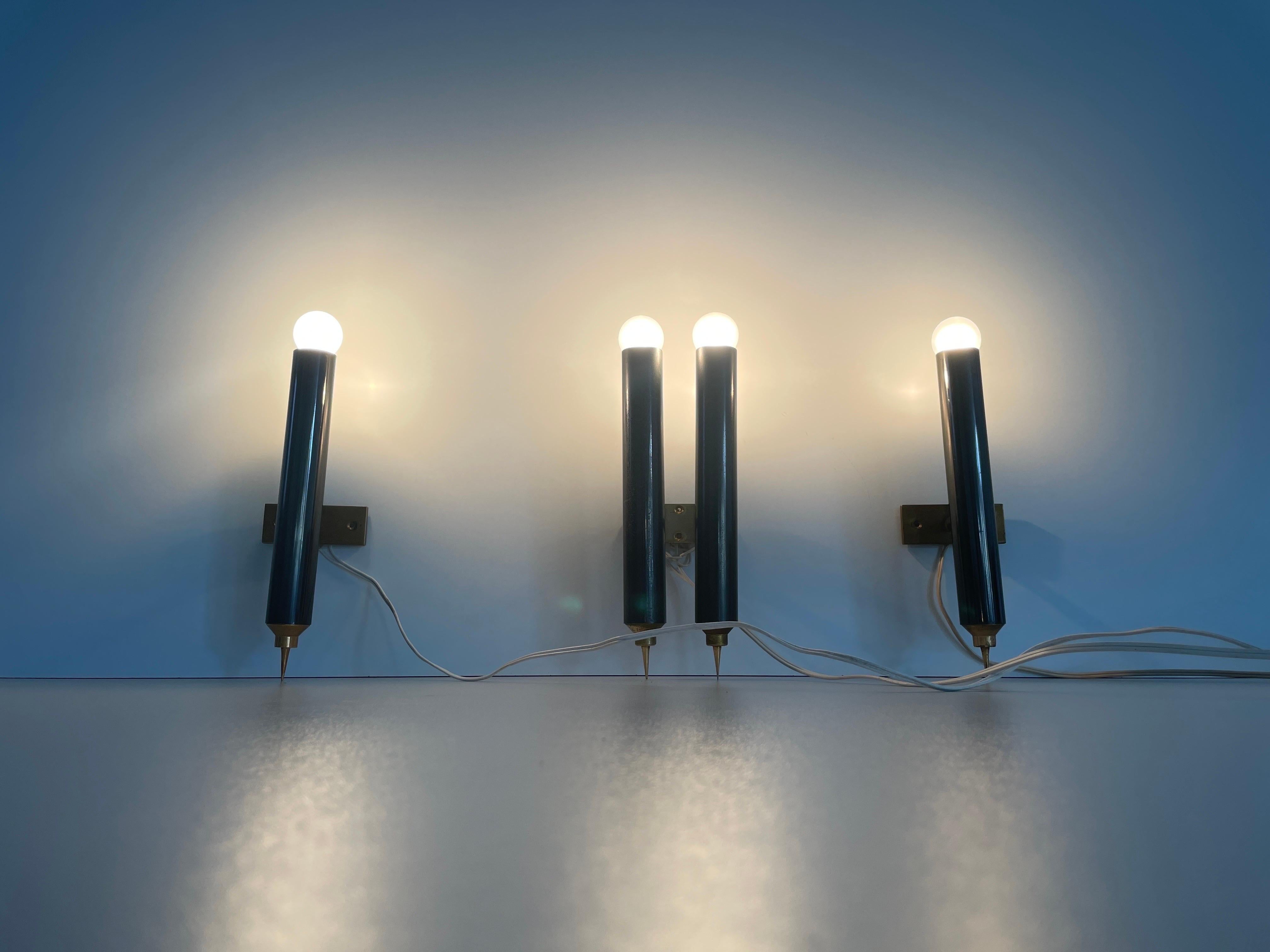 Set of 3 Modernist Tube Design Wall Sconces, 1960s, Italy For Sale 4