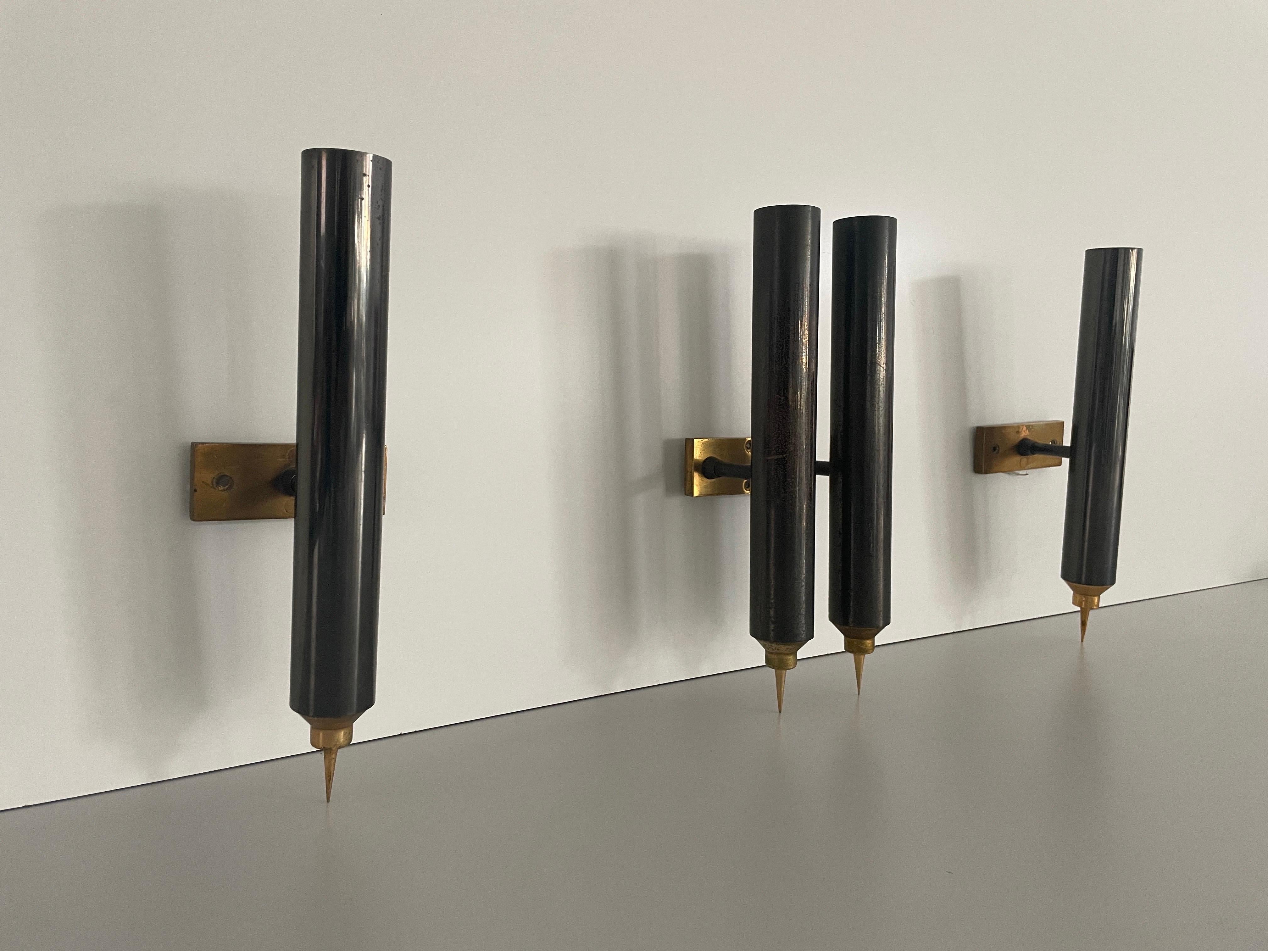 Mid-Century Modern Set of 3 Modernist Tube Design Wall Sconces, 1960s, Italy For Sale