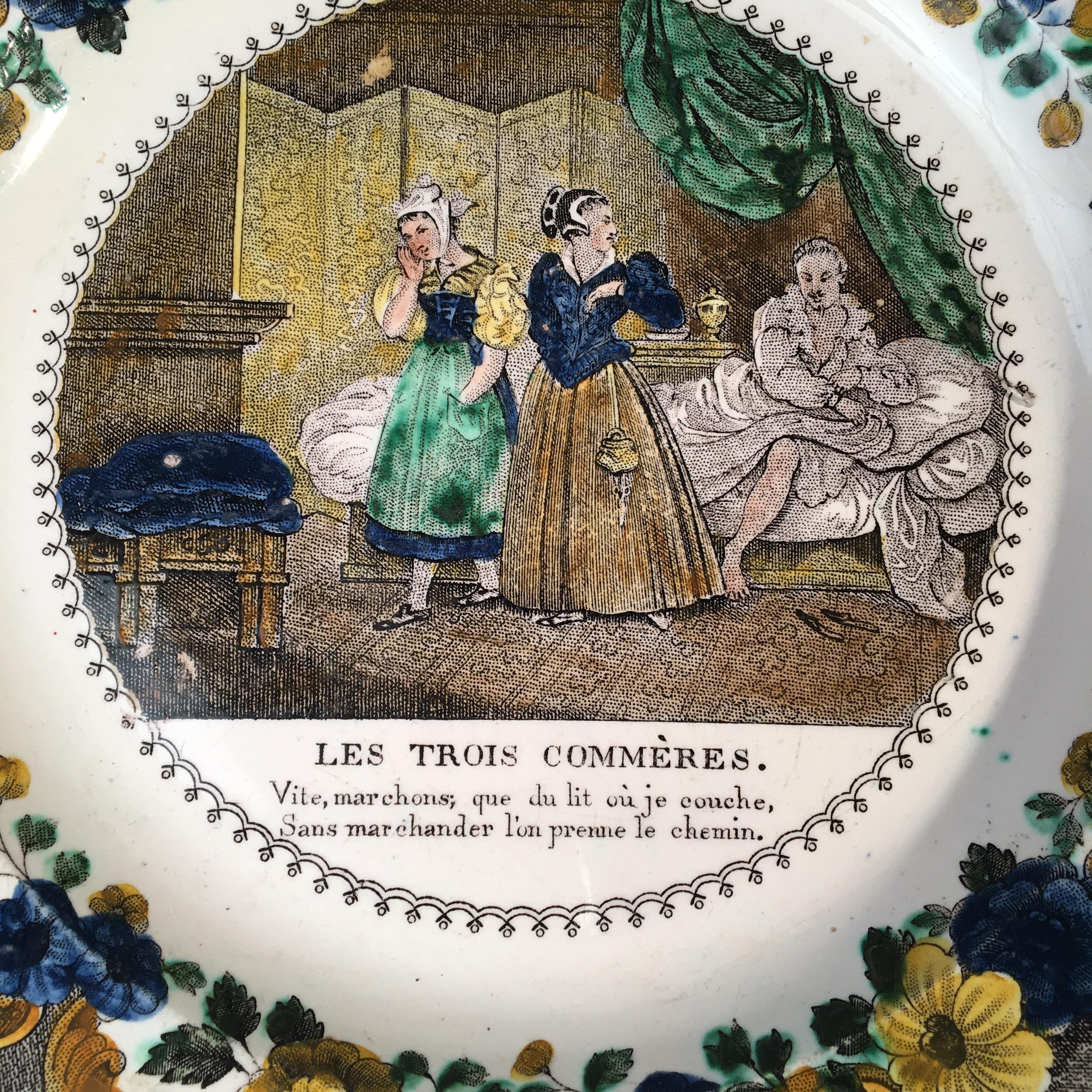 A set of 3 polychrome pictorial faience plates by Louis LeBeuf, from Montereau France, circa 1850.