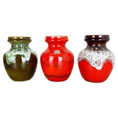 Ensemble de 3 vases en poterie d'art optique lave grasse multicolore fabriqués en céramique de Bay, Allemagne