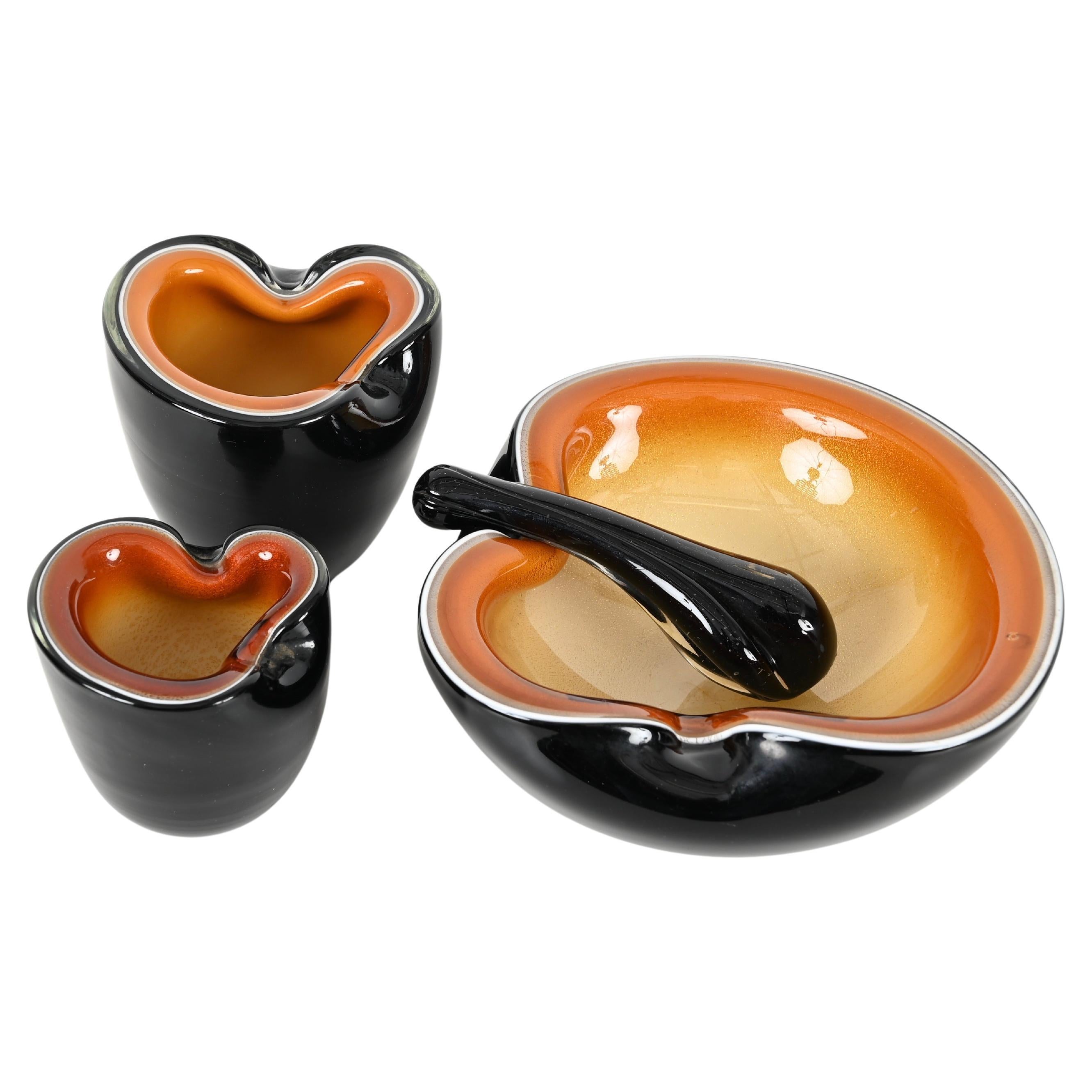 Set of 3 Murano Ashtrays or Decorativ Bowls in Orange Murano Glass, Italy 1970 For Sale