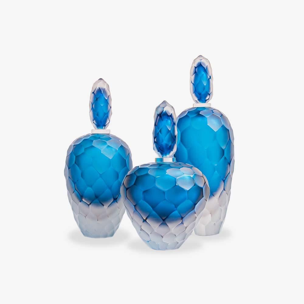 Italian Set of 3 Murano Blown Glass Bottles Blue & Clear Battuto Technique Alberto Donà
