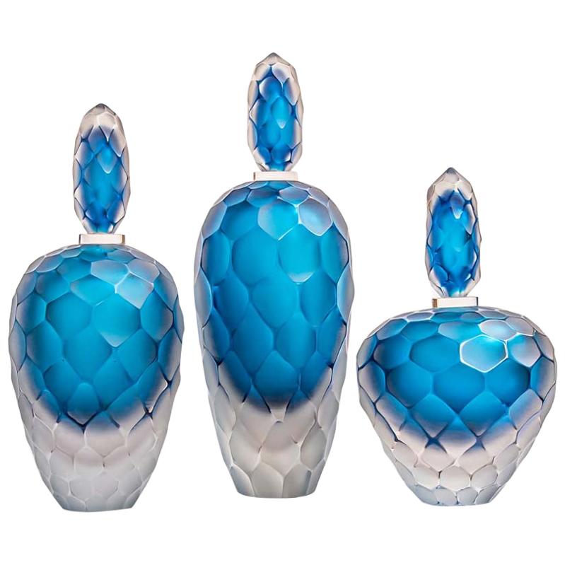 Set of 3 Murano Blown Glass Bottles Blue & Clear Battuto Technique Alberto Donà
