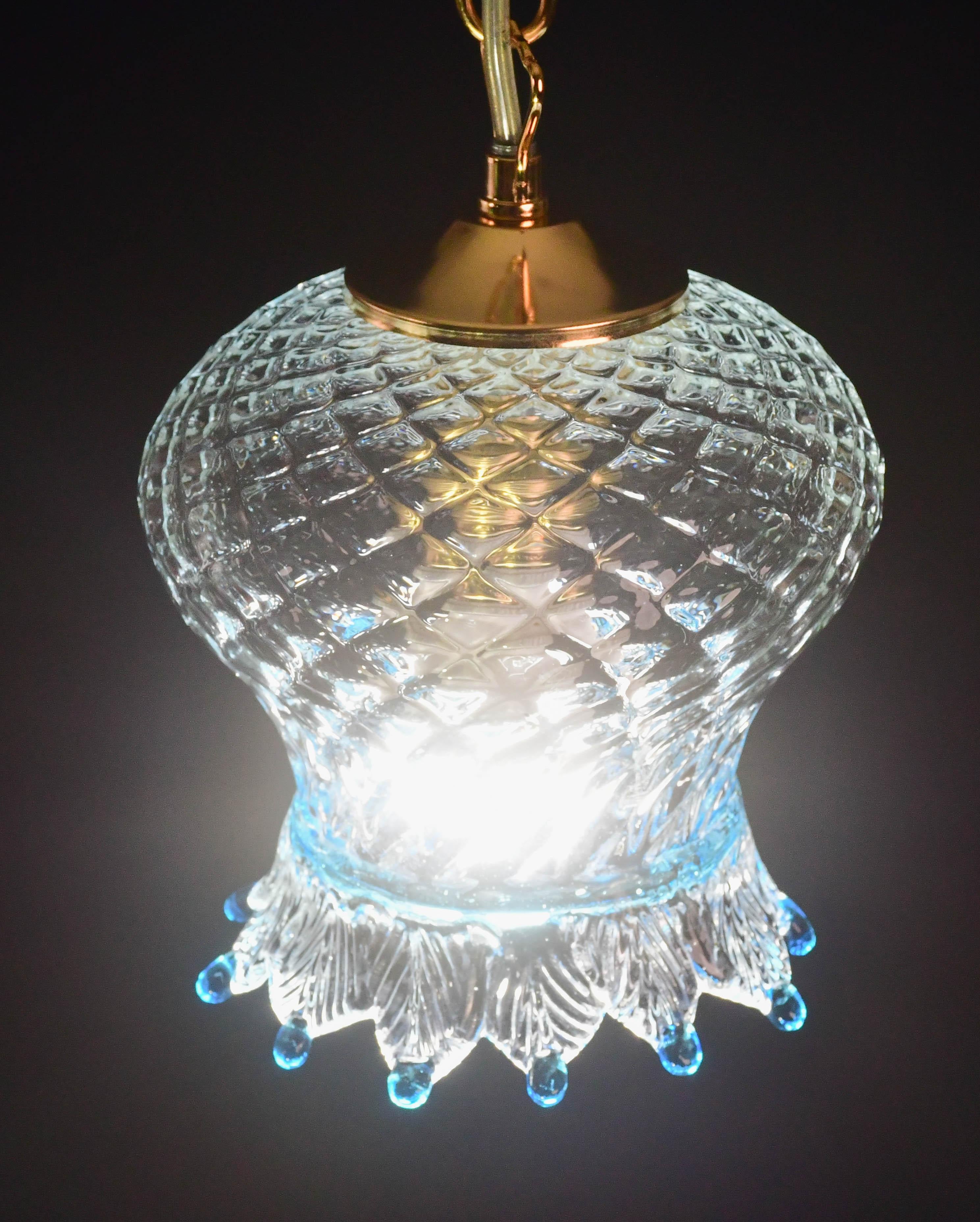 Murano Glass Set of 3 Murano Blu Glass Pendant Light For Sale