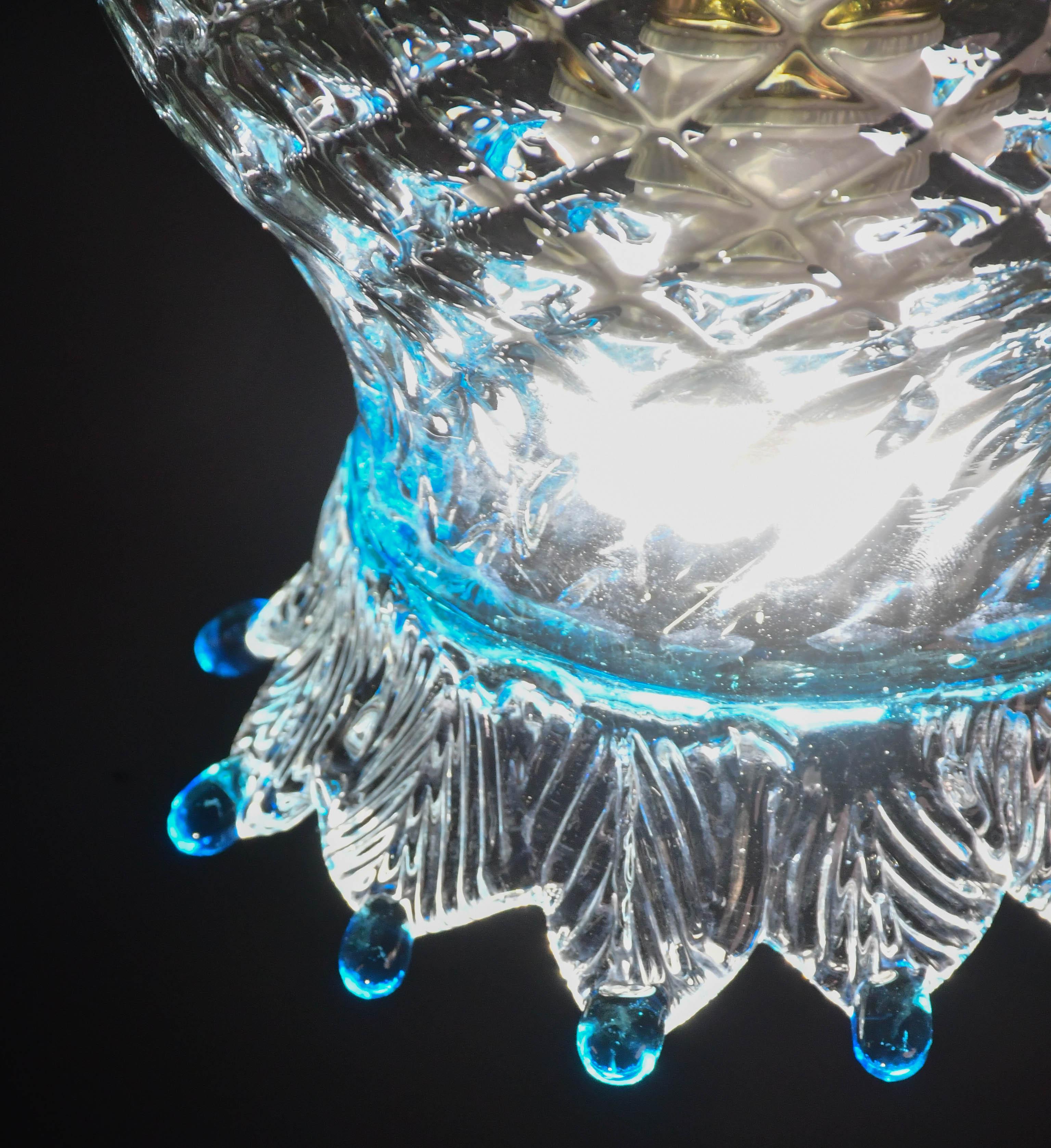 Set of 3 Murano Blu Glass Pendant Light For Sale 1
