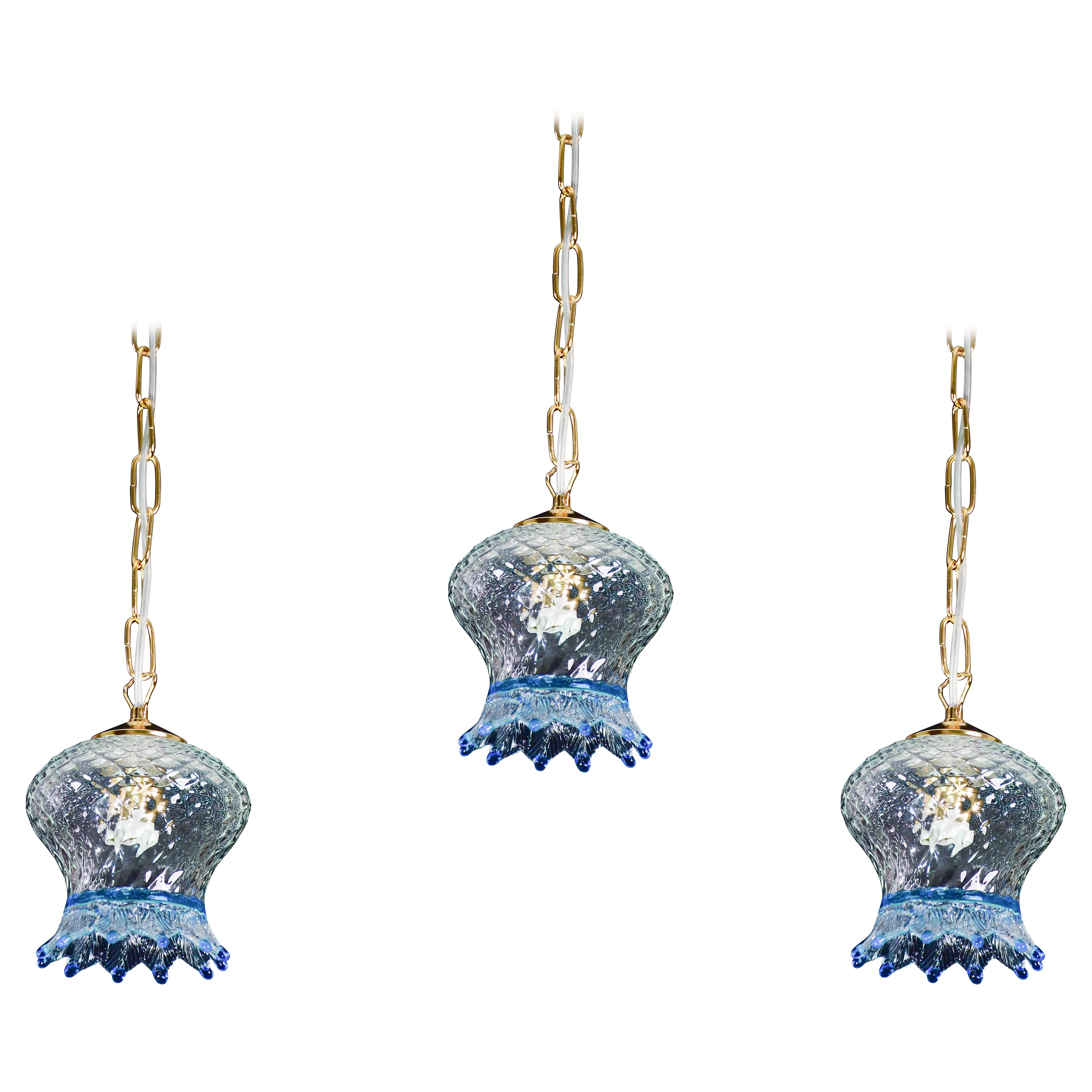 Set of 3 Murano Blu Glass Pendant Light For Sale