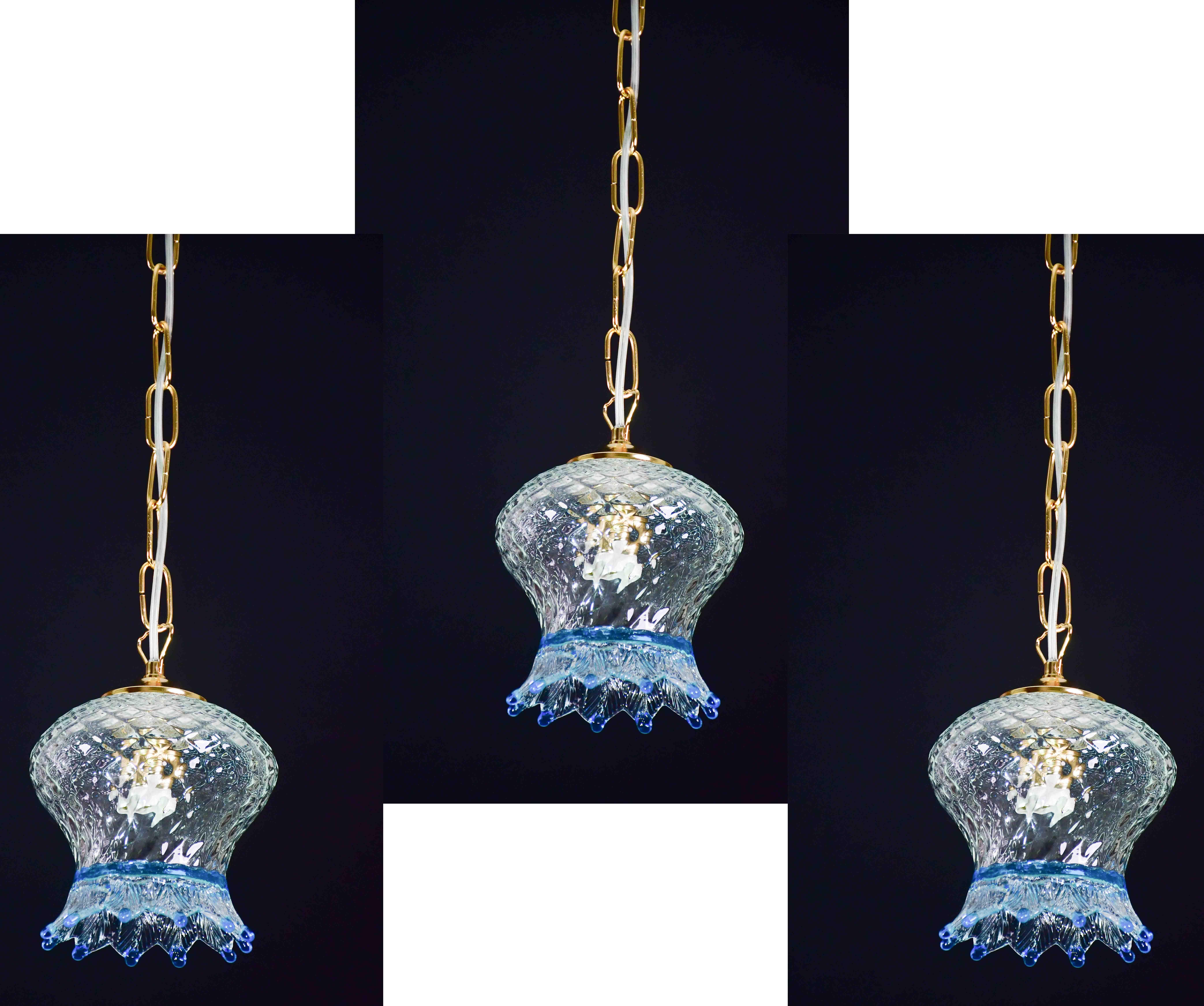 Set of 3 Murano Blu Glass Pendant Light
