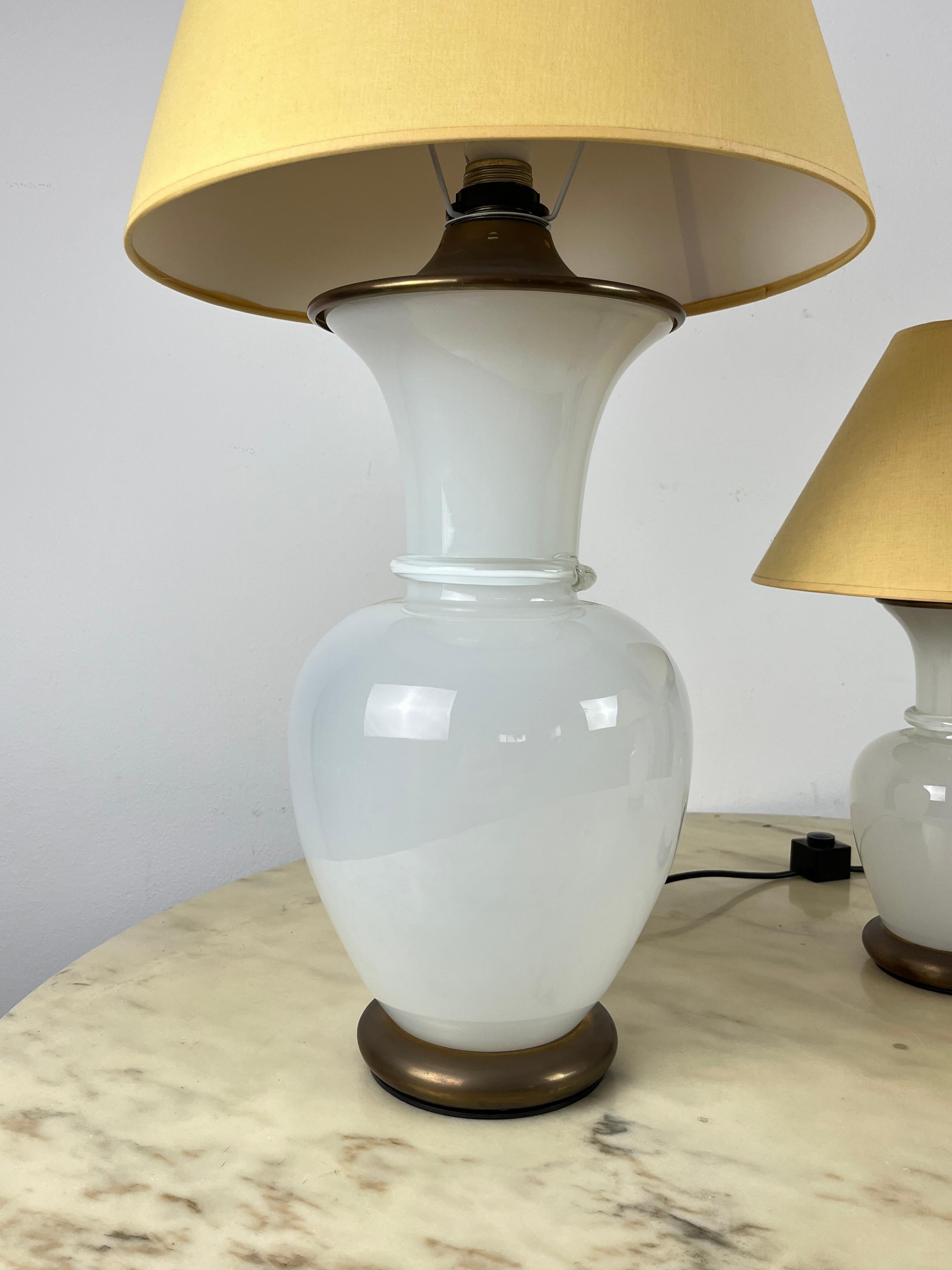 Other Set of 3 Murano Glass and Brass Table Lamps, F. Fabbian, Italy, 1970s For Sale