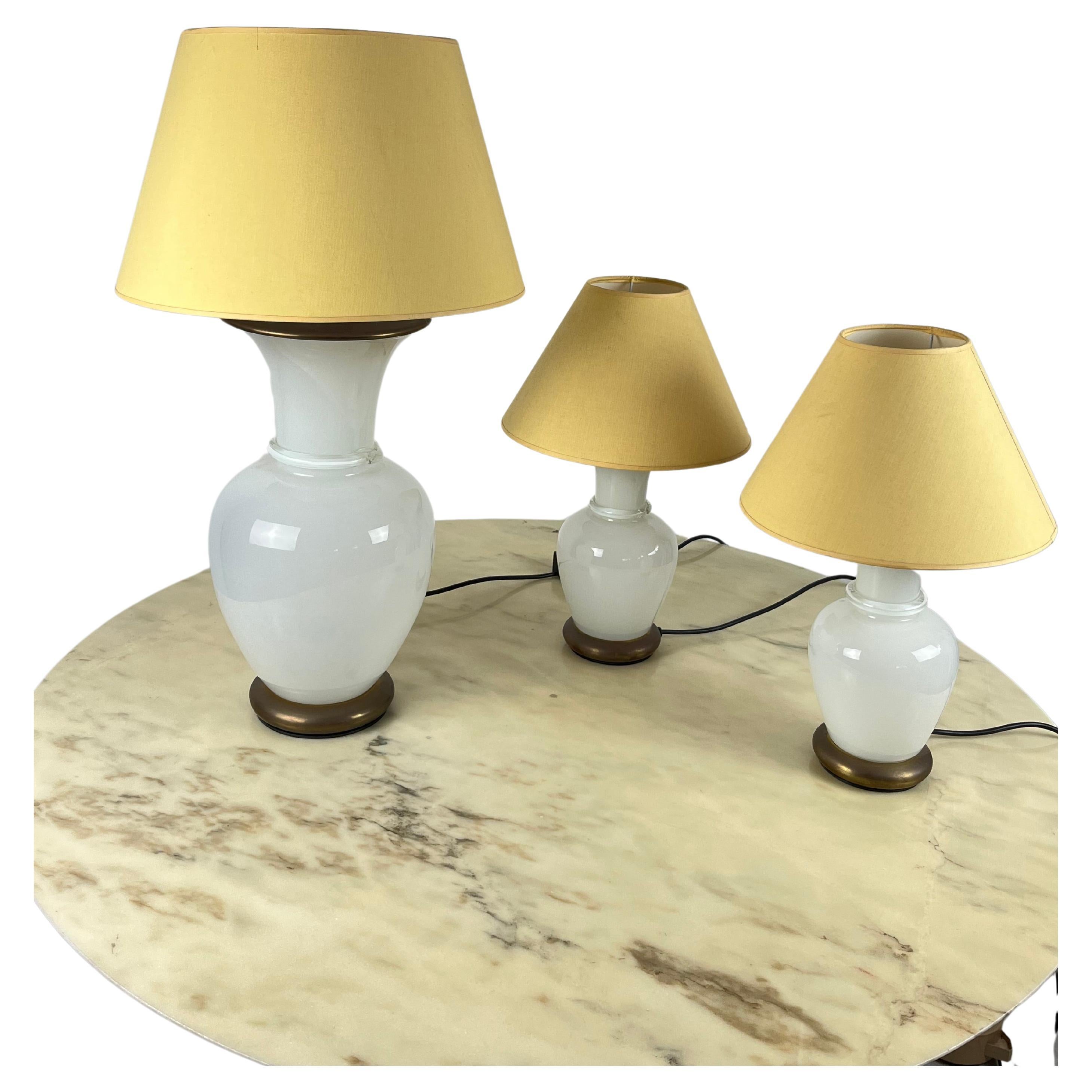 Set of 3 Murano Glass and Brass Table Lamps, F. Fabbian, Italy, 1970s For Sale