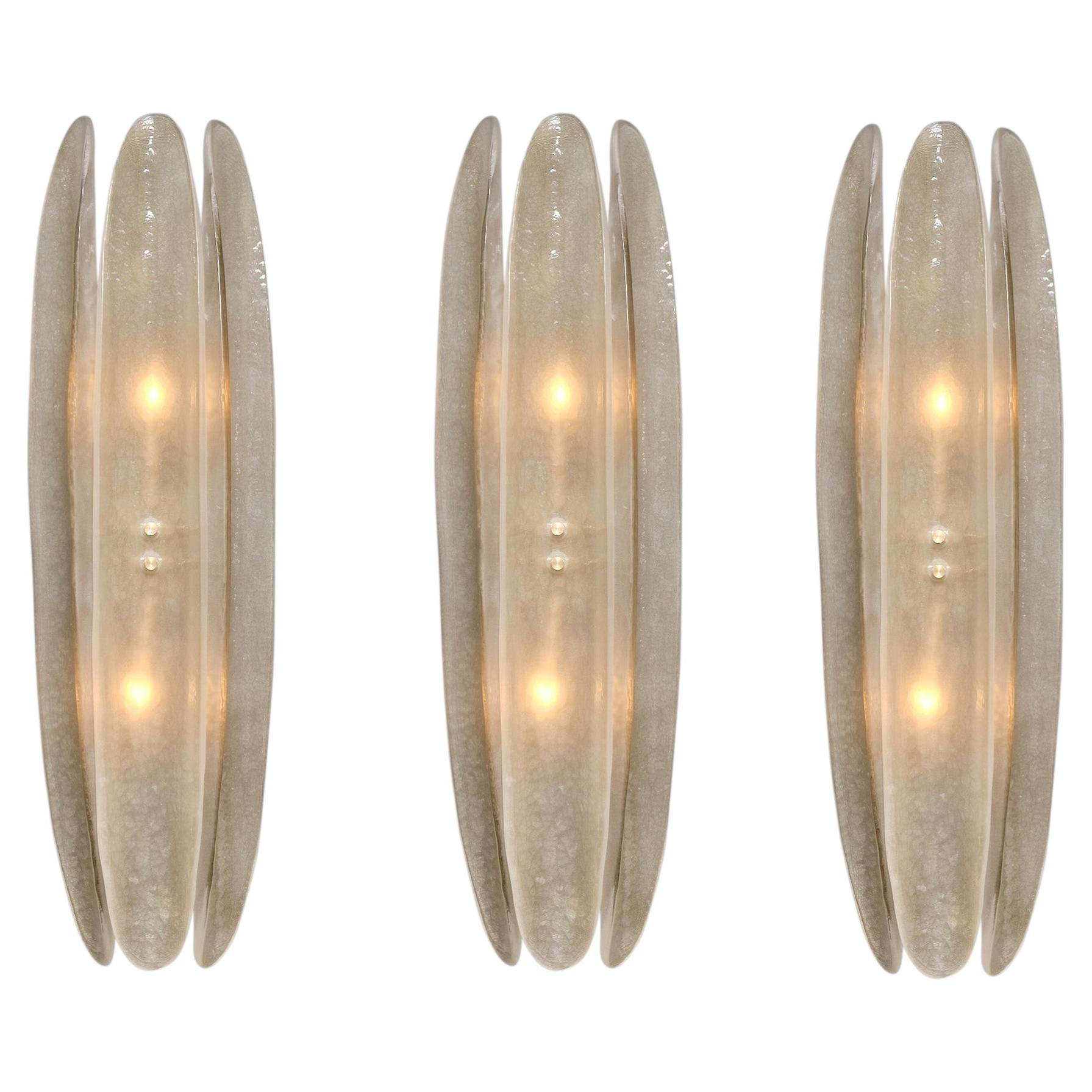 Set of 3 Murano Glass Sconces, Hand-Blown Panels, Brass Frame