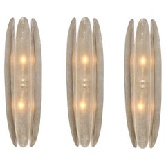Set of 3 Murano Glass Sconces, Hand-Blown Panels, Brass Frame