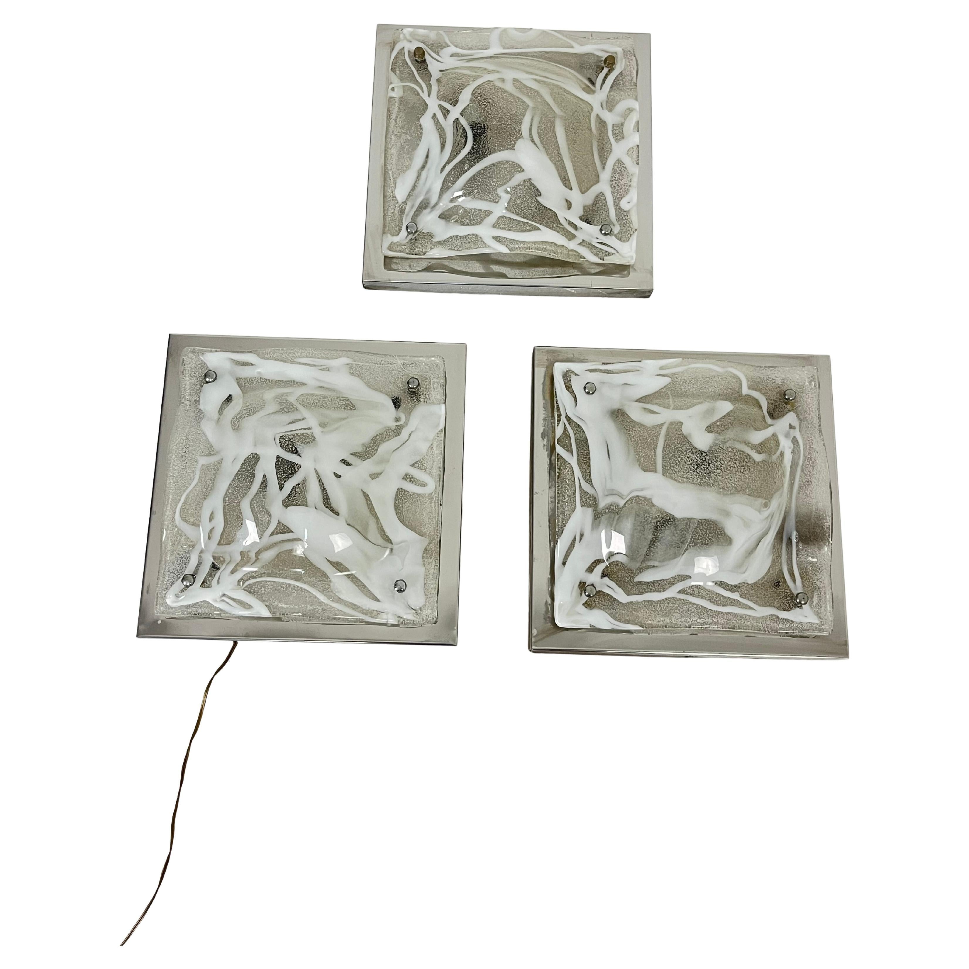 Set of 3 Murano Glass Wall Lamps Attributed To Toni Zuccheri For Mazzega, 1960s