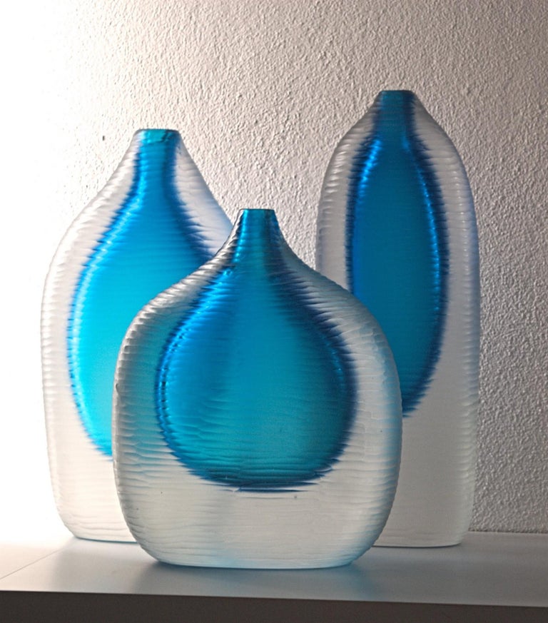 Set of 3 Murano Heavy Vases, Sommerso and Battuto, Aquamarine, Cenedese Style  For Sale 5