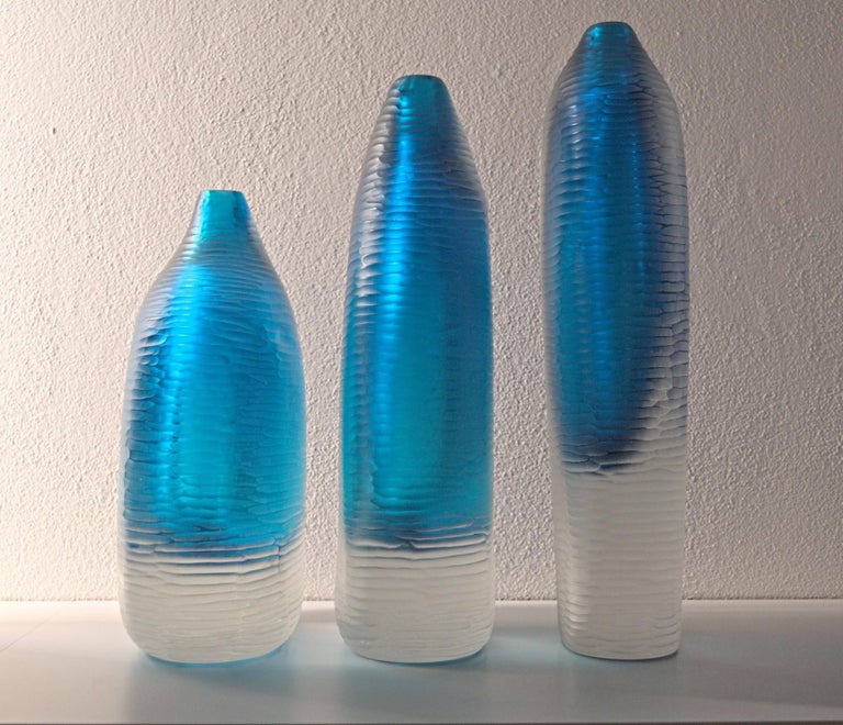 Set of 3 Murano Heavy Vases, Sommerso and Battuto, Aquamarine, Cenedese Style  For Sale 6