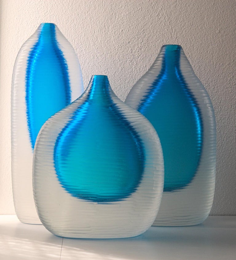 Set of 3 Murano Heavy Vases, Sommerso and Battuto, Aquamarine, Cenedese Style  For Sale 9