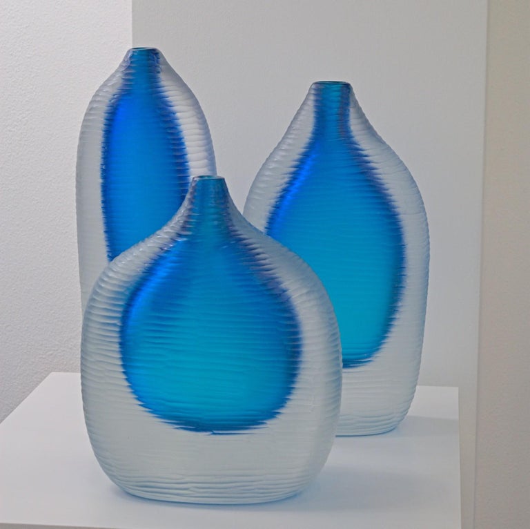 Set of 3 Murano Heavy Vases, Sommerso and Battuto, Aquamarine, Cenedese Style  For Sale 11