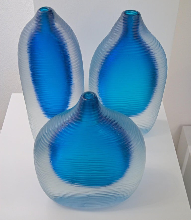 Set of 3 Murano Heavy Vases, Sommerso and Battuto, Aquamarine, Cenedese Style  For Sale 12
