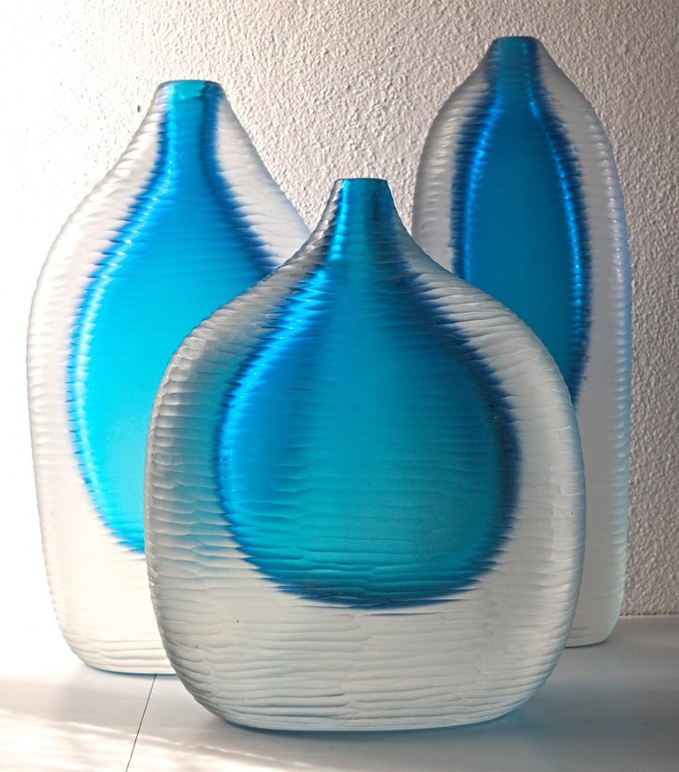 Mid-Century Modern Set of 3 Murano Heavy Vases, Sommerso and Battuto, Aquamarine, Cenedese Style  For Sale