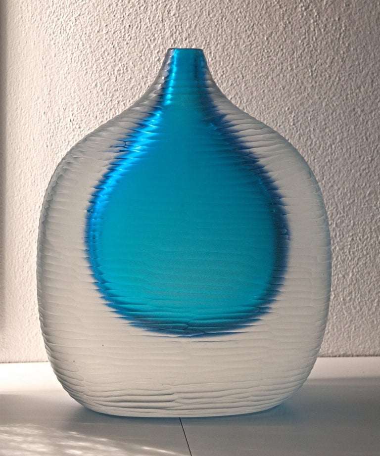 Murano Glass Set of 3 Murano Heavy Vases, Sommerso and Battuto, Aquamarine, Cenedese Style  For Sale