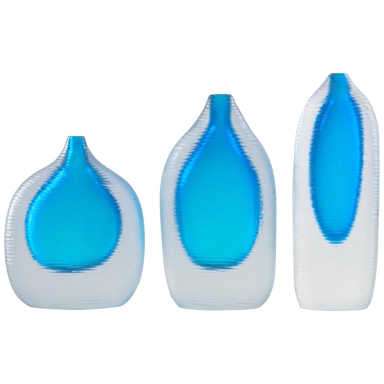 Set of 3 Murano Heavy Vases, Sommerso and Battuto, Aquamarine, Cenedese Style  For Sale