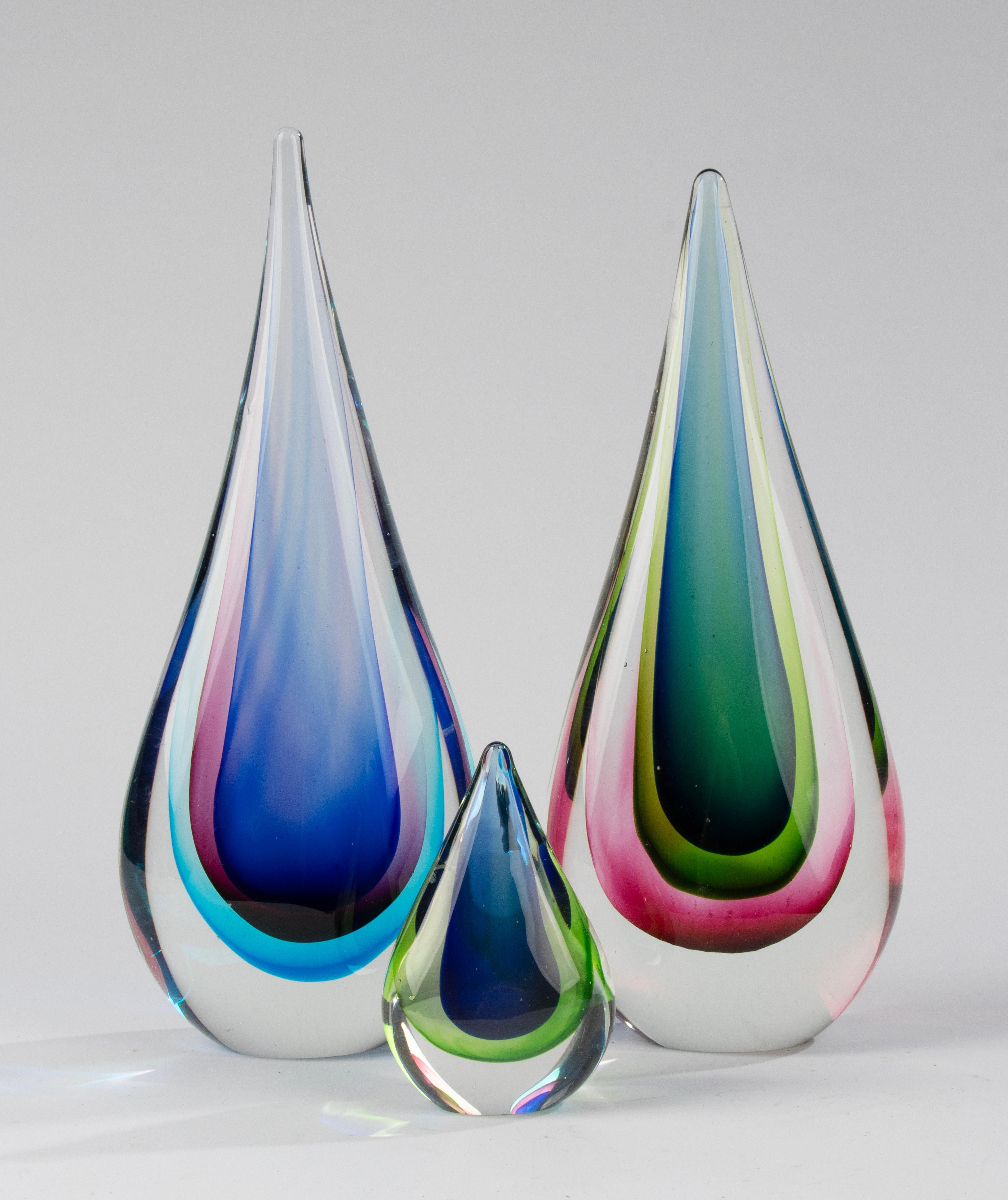 Set of 3 Murano Sommerso Teardrop Art Glass Sculptures - Flavio Poli  5