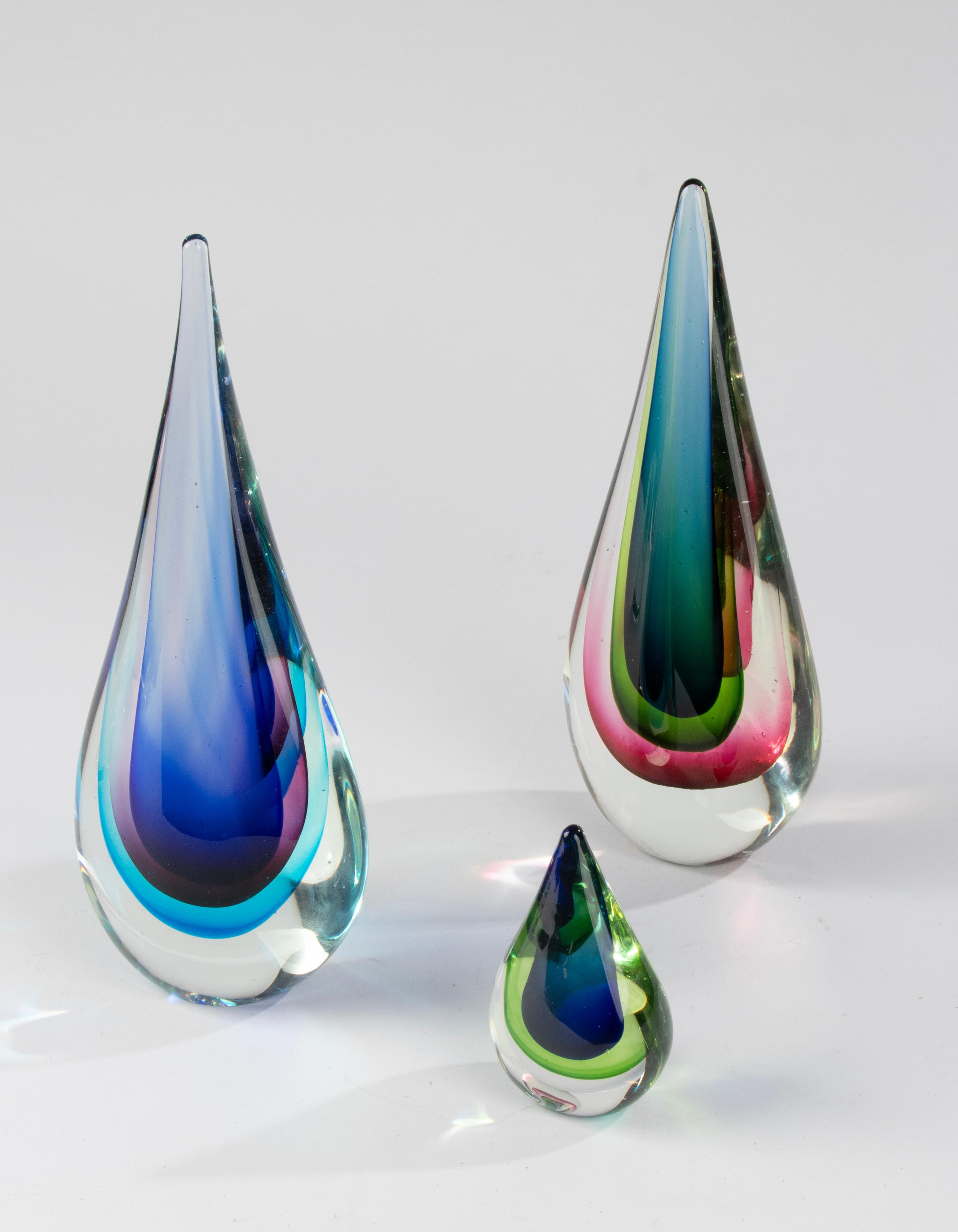 Mid-20th Century Set of 3 Murano Sommerso Teardrop Art Glass Sculptures - Flavio Poli  For Sale