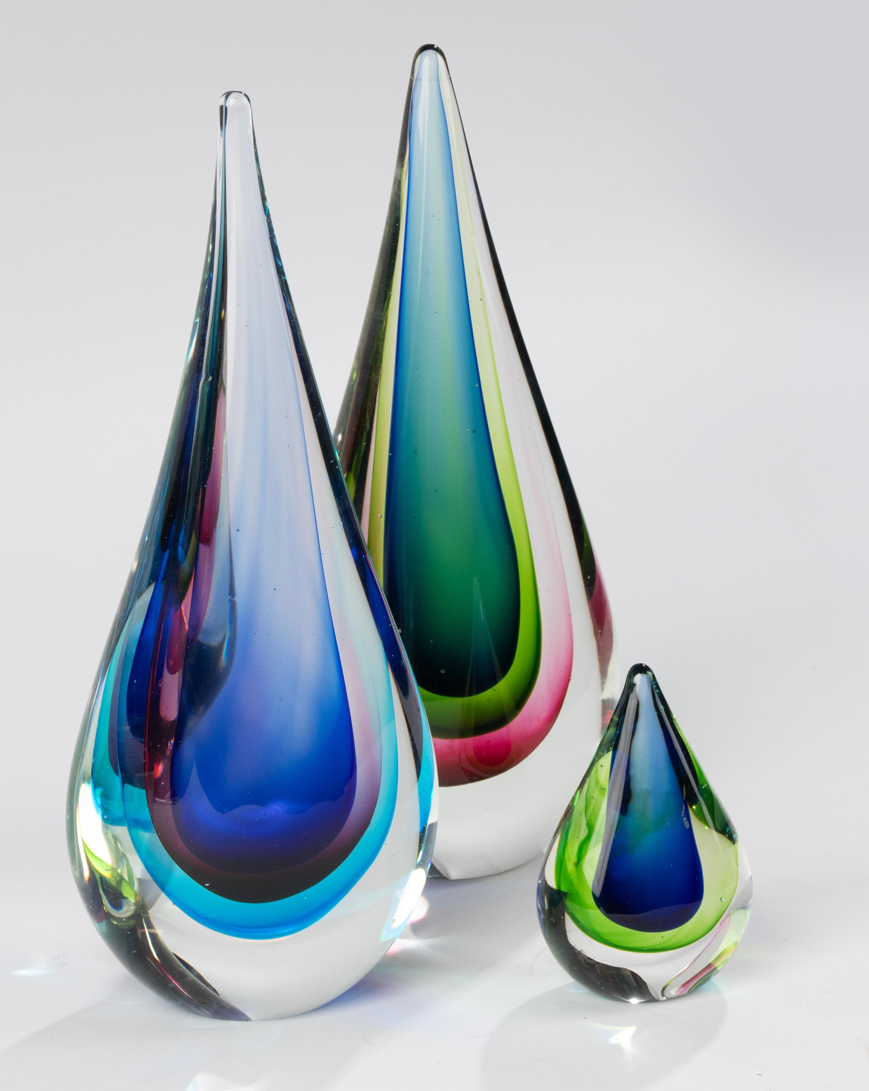 Set of 3 Murano Sommerso Teardrop Art Glass Sculptures - Flavio Poli  For Sale 2