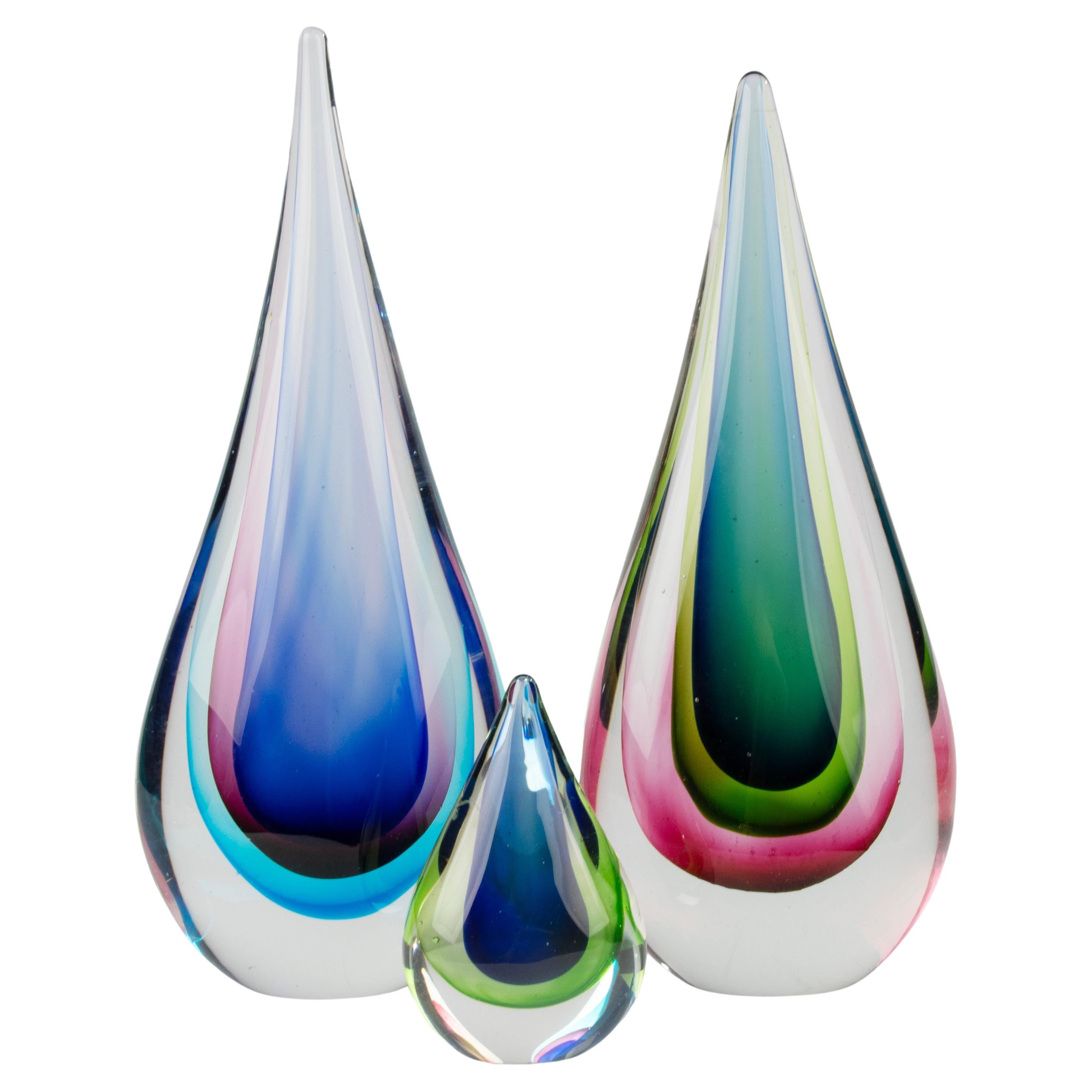 Set of 3 Murano Sommerso Teardrop Art Glass Sculptures - Flavio Poli  For Sale