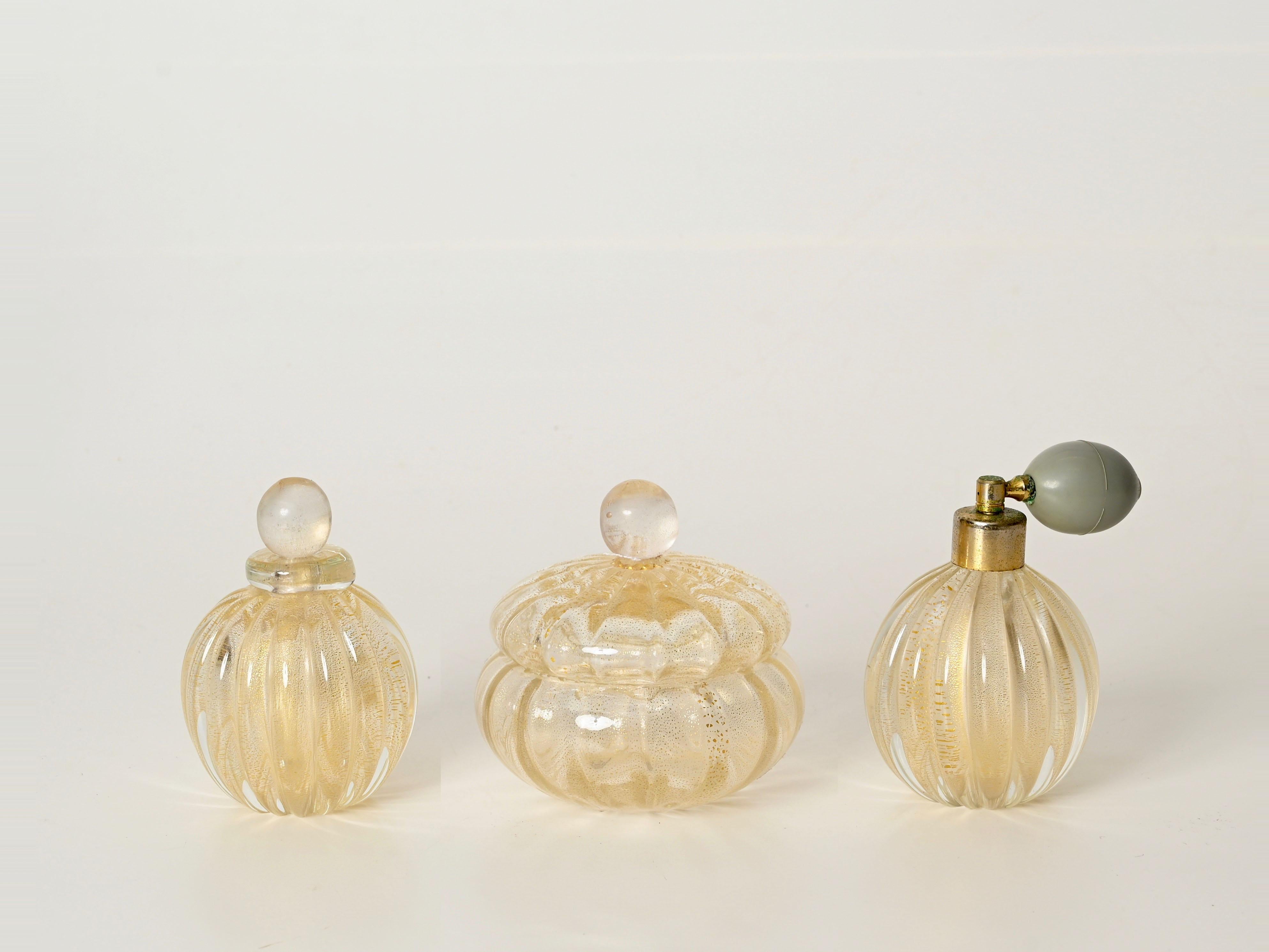 Set of 3 Murano Vanity Decorative Blown Glass with Gold by Barovier, Italy 1950s For Sale 2