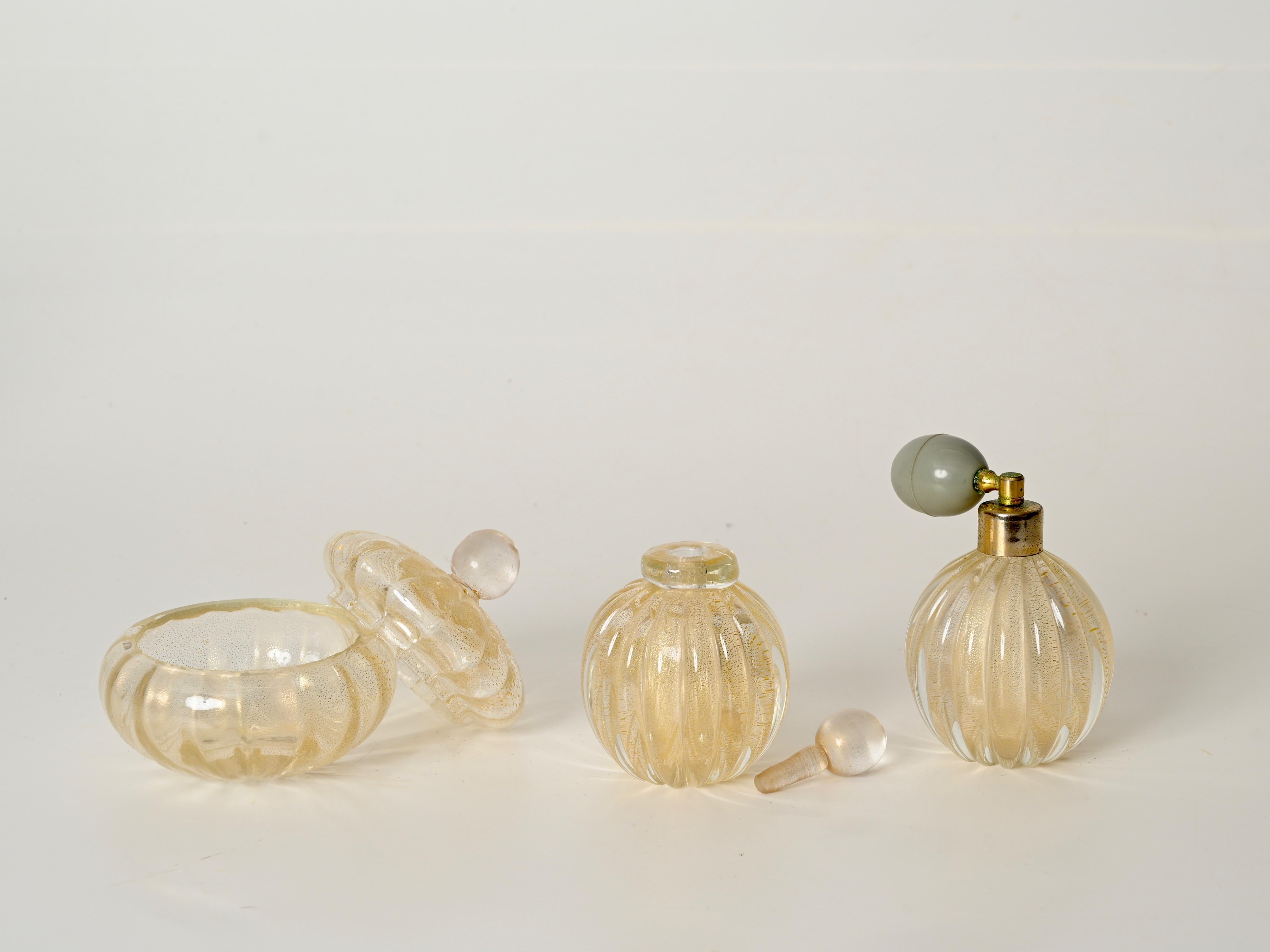 Art Deco Set of 3 Murano Vanity Decorative Blown Glass with Gold by Barovier, Italy 1950s For Sale