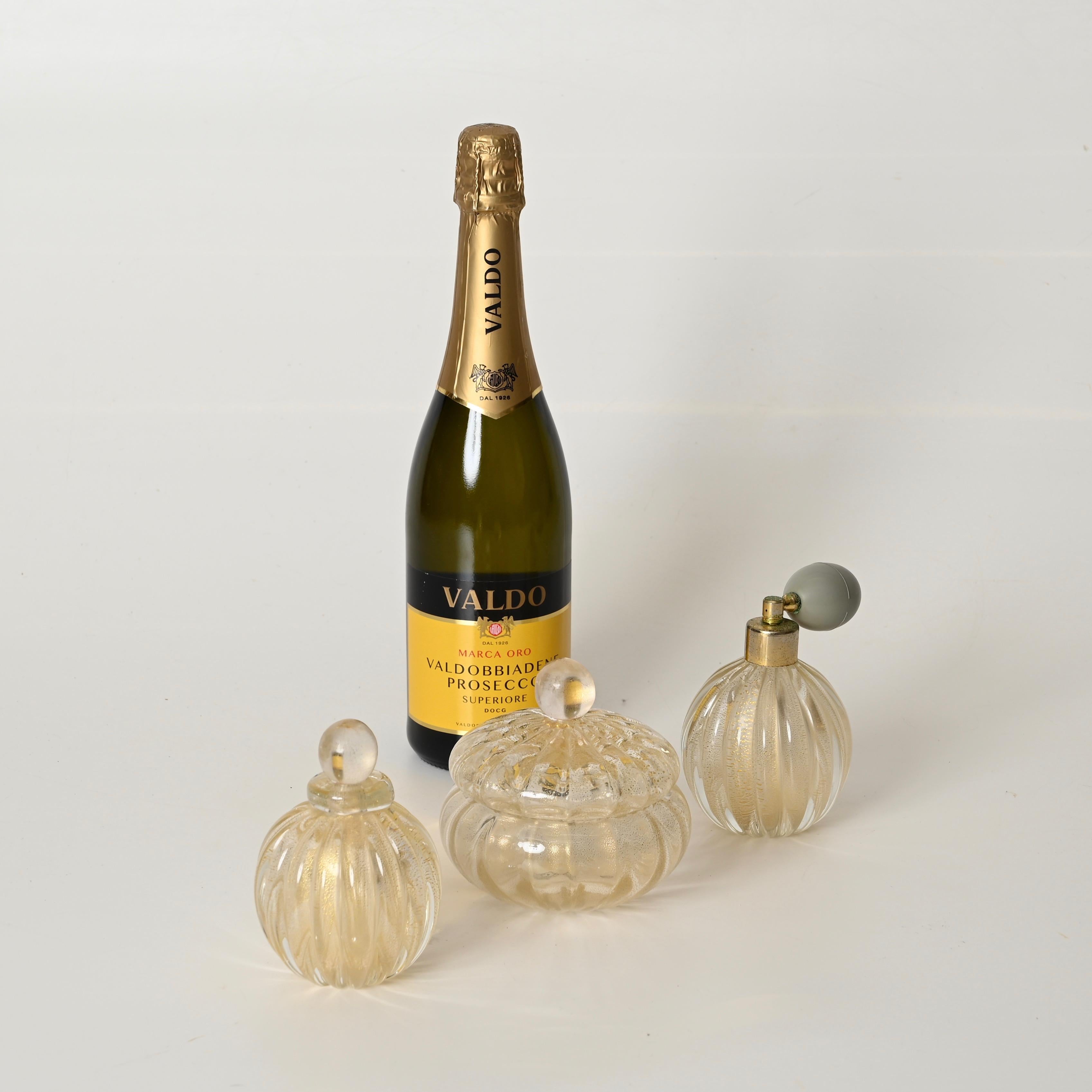 Italian Set of 3 Murano Vanity Decorative Blown Glass with Gold by Barovier, Italy 1950s For Sale