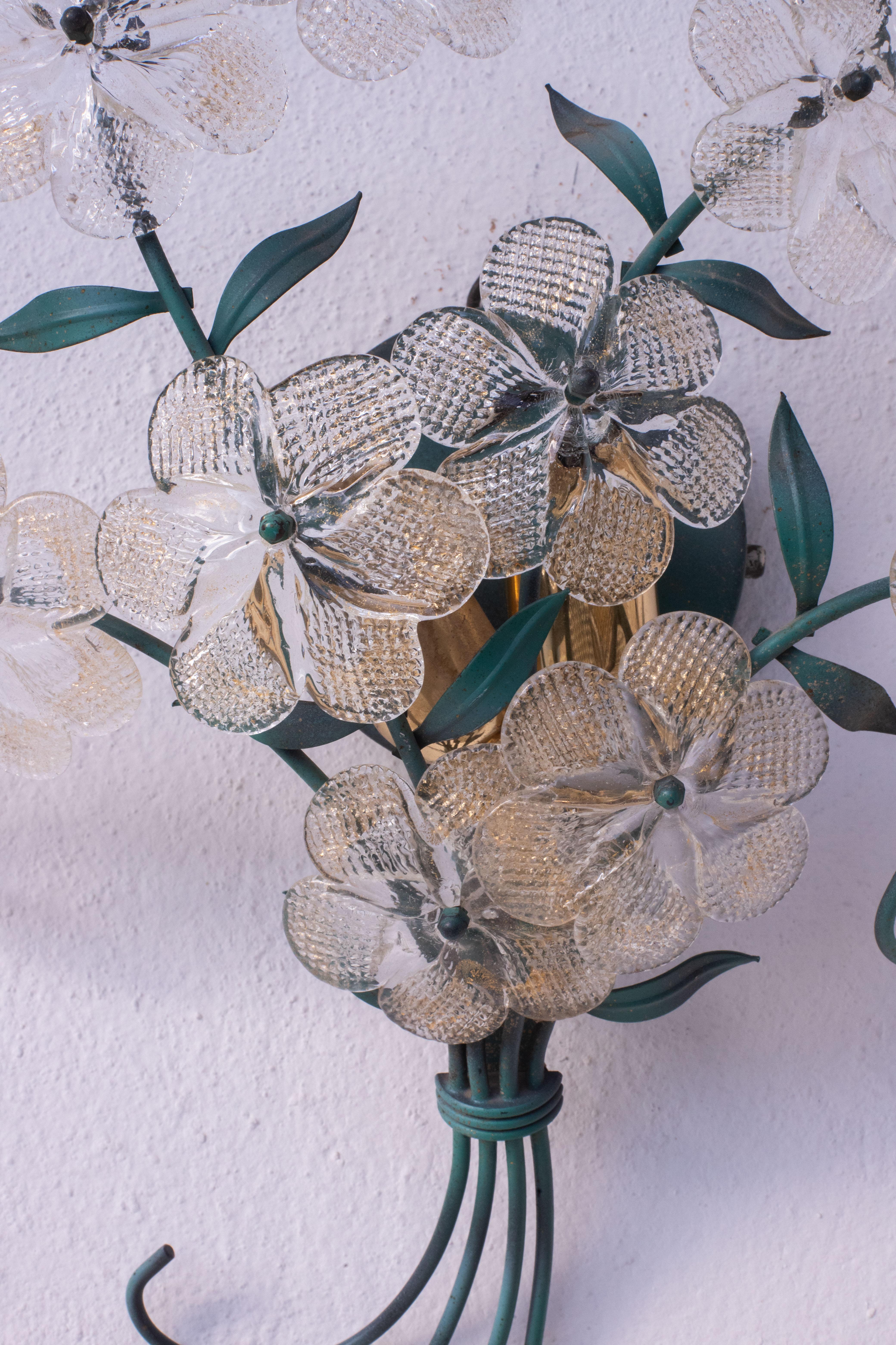 Set of 3 Murano Wall Light Flower by Seguso for Venini, Italy, 1960s In Good Condition For Sale In Roma, IT