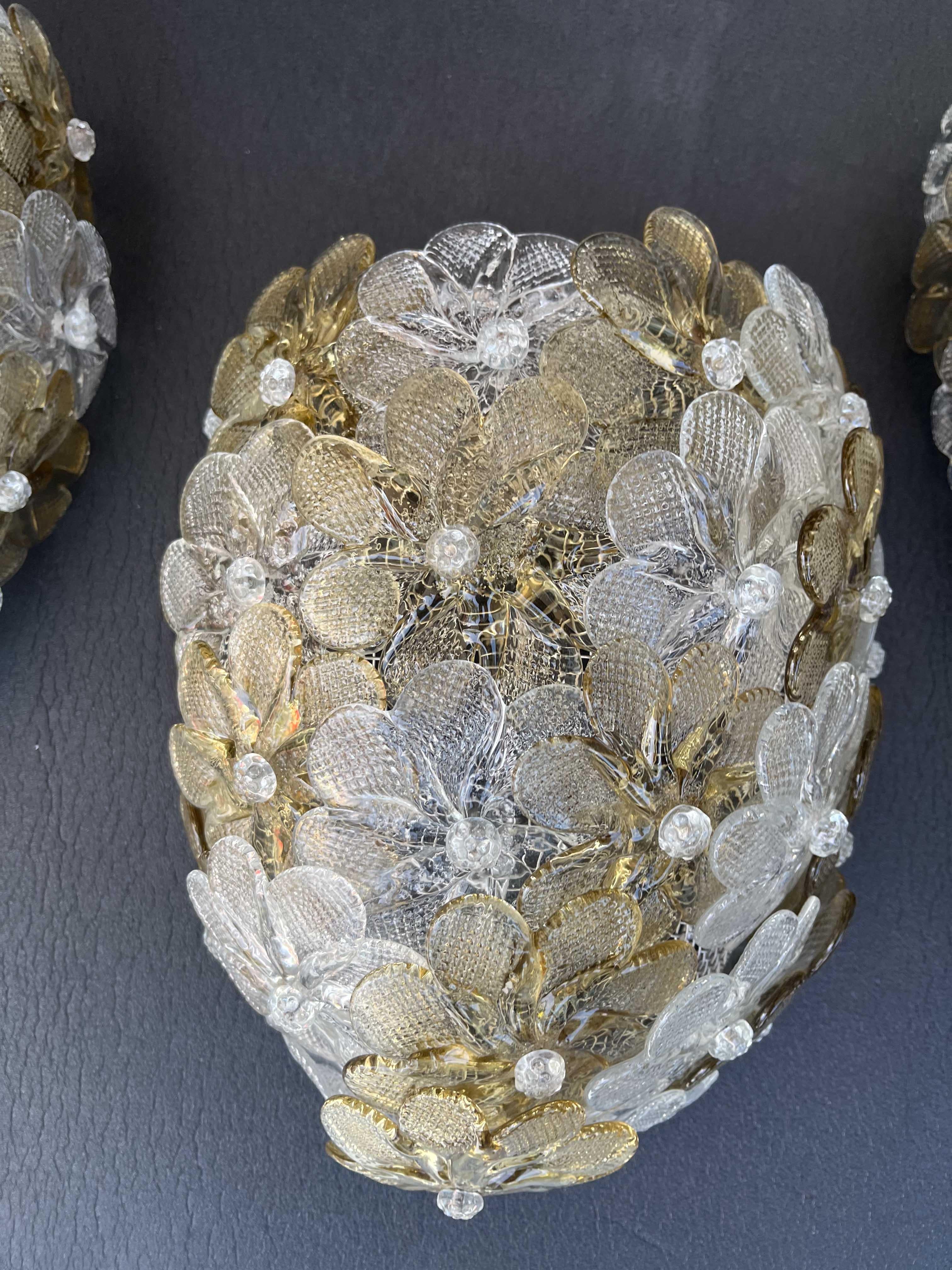 Juego de 3 apliques Flor de Murano by Seguso for Venini, Italia, Años 60 mediados del siglo XX en venta