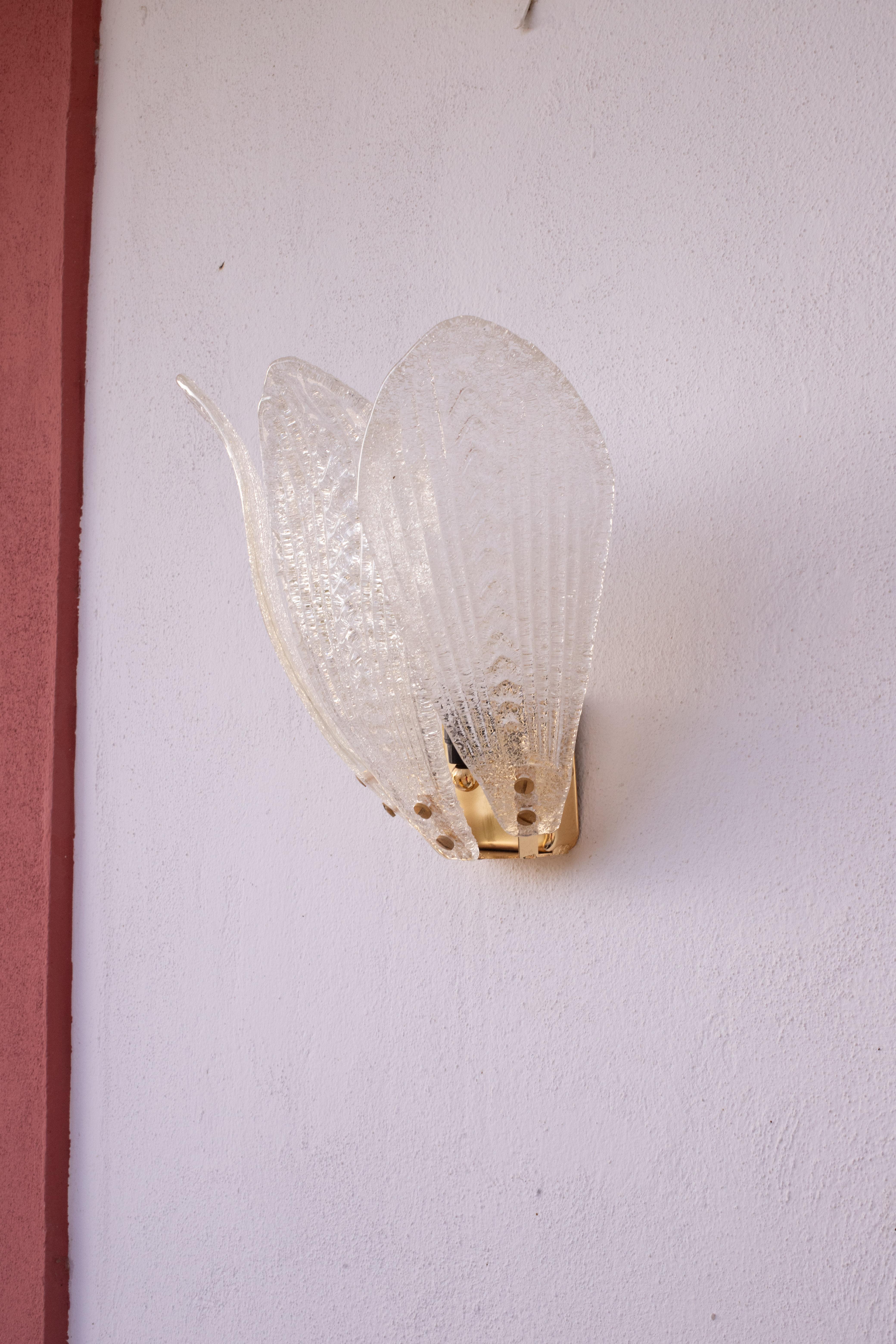 Late 20th Century Set of 3 Murano Wall Light Transparent Leaves, 1980s For Sale