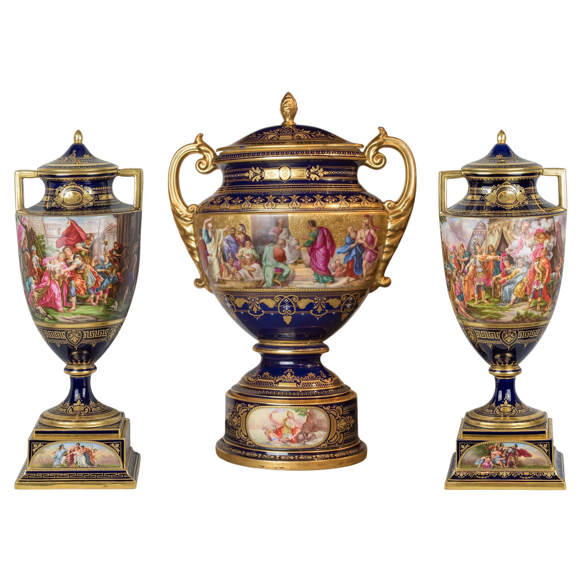 Set of 3 Museum Quality Royal Vienna Porcelain Urns