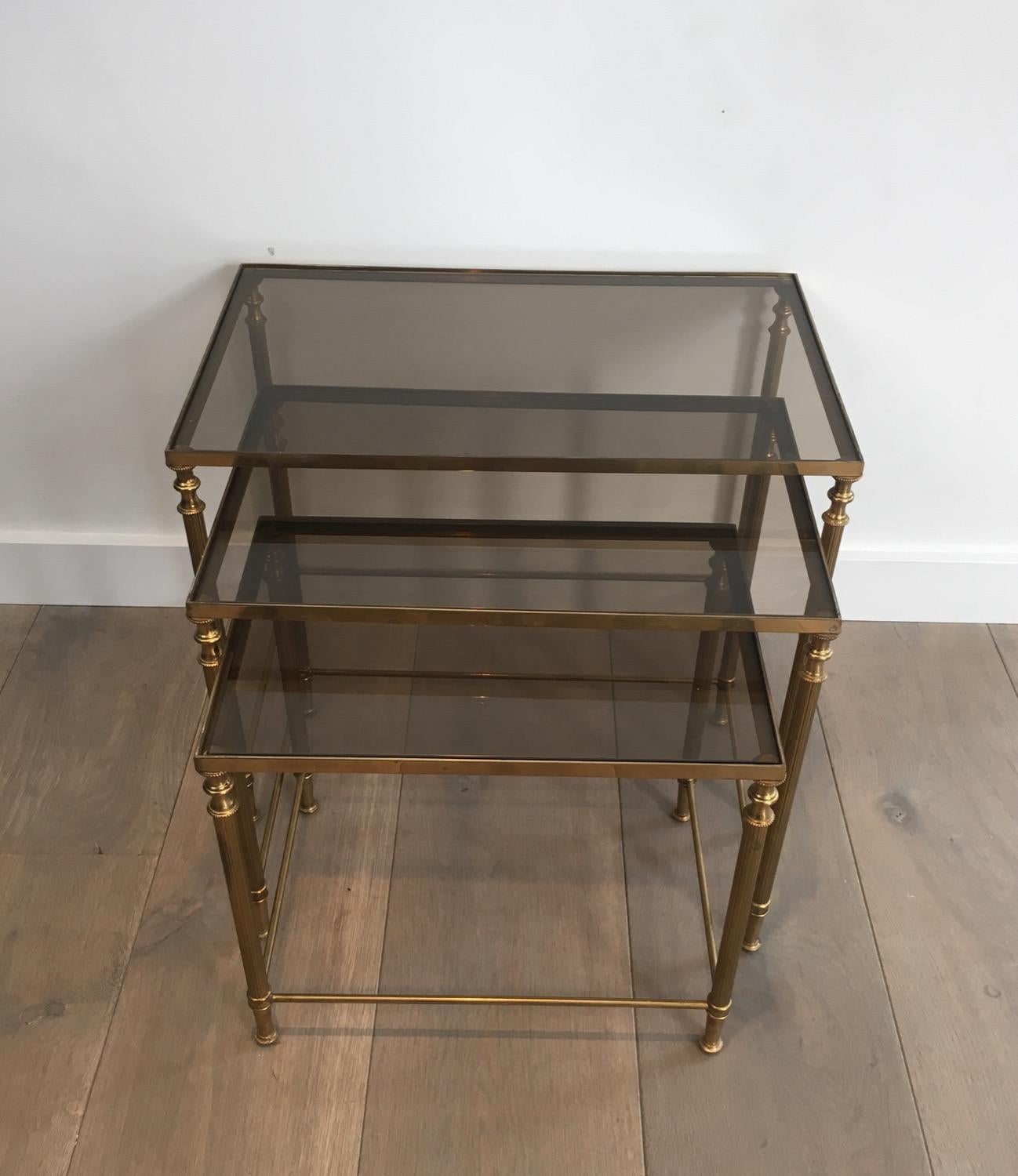 Set of 3 Neoclassical Brass Nesting Tables, in the Style of Maison Jansen For Sale 3