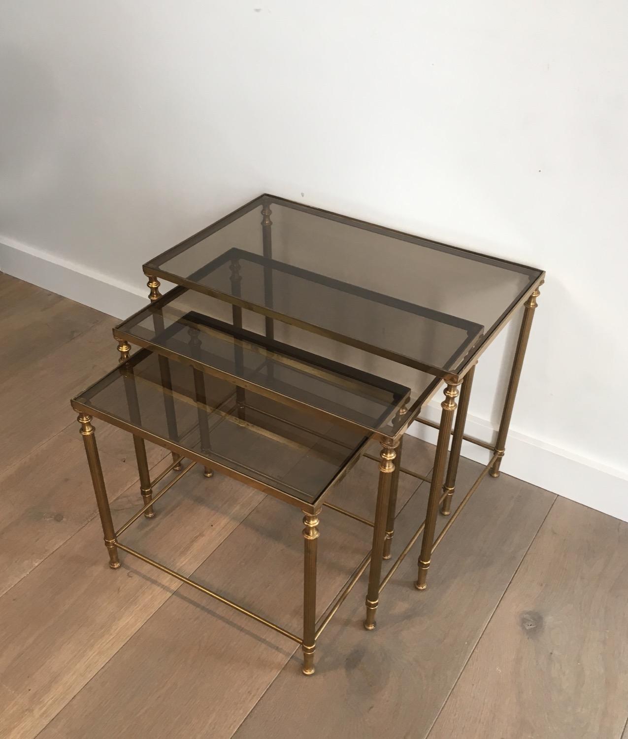 Set of 3 Neoclassical Brass Nesting Tables, in the Style of Maison Jansen For Sale 6
