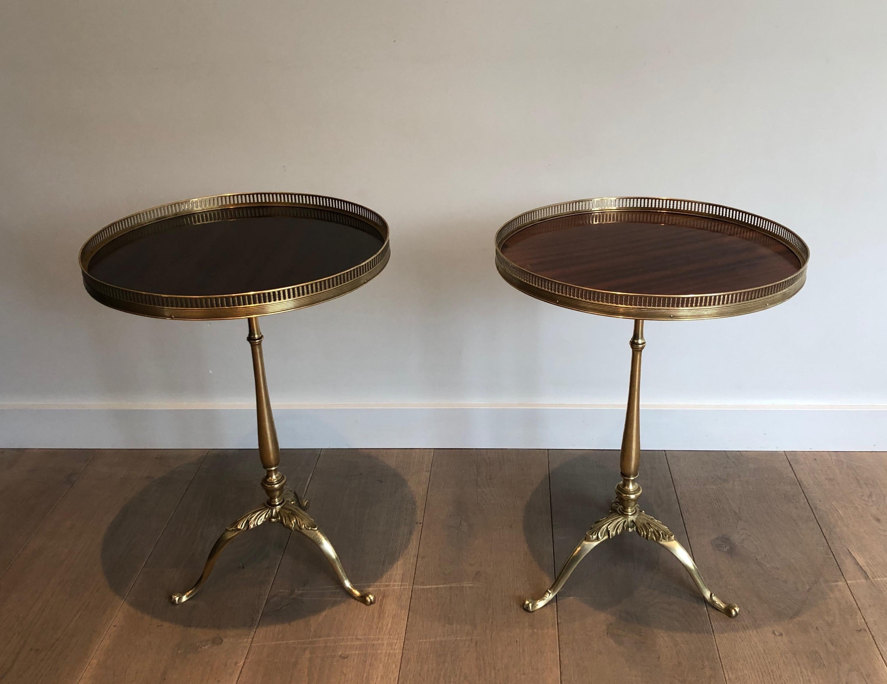 Mid-20th Century Set of 3 Neoclassical Style Brass and Mahogany Side Tables