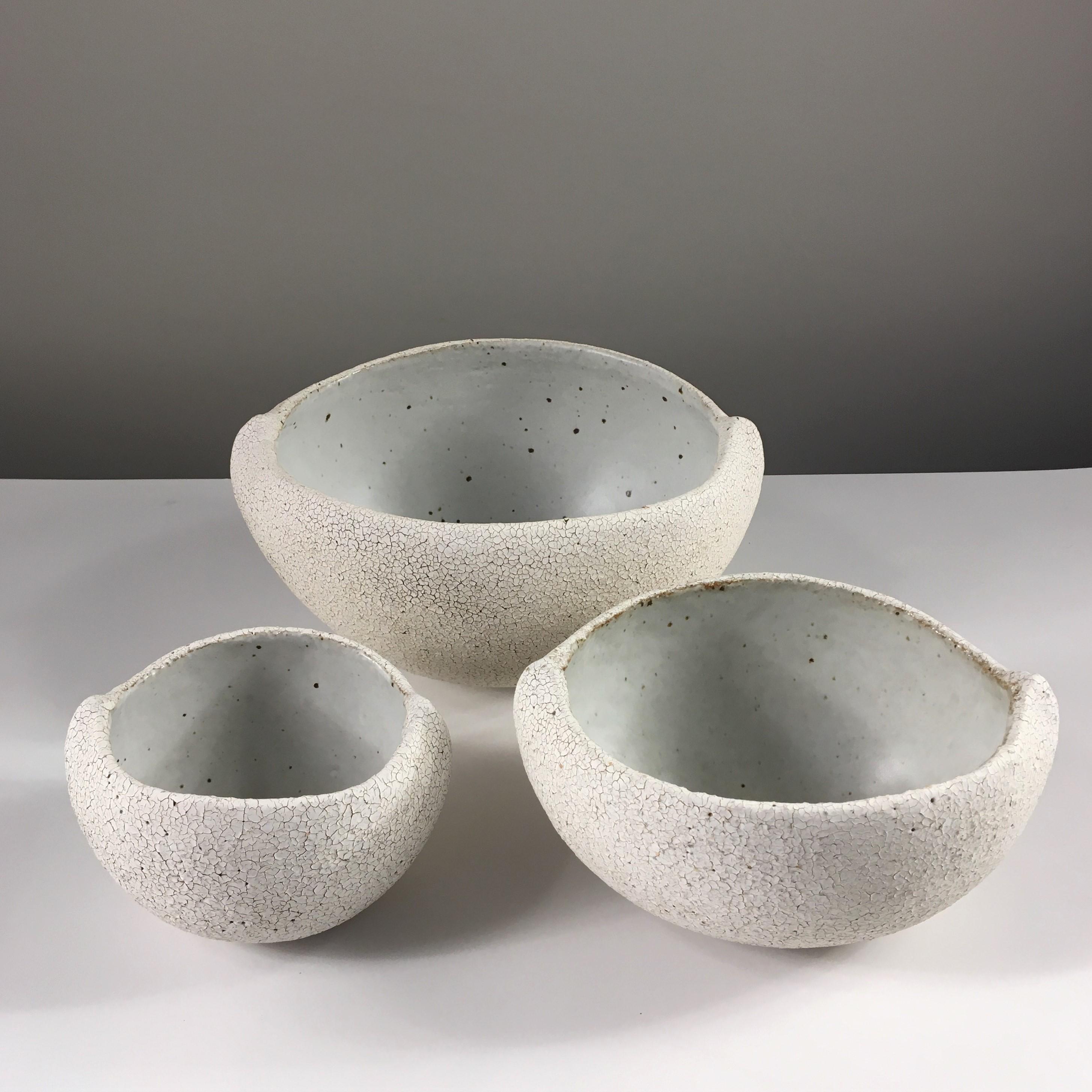 Set of 3 Nested Bowls with Light Grey Inner Glaze by Yumiko Kuga.  Measures: W 9