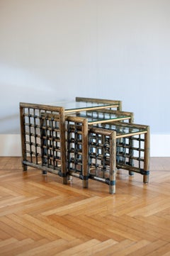 Set of 3 Nesting Bamboo Tables With Glass Top By Gallotti & Radice - Italy, 1970s