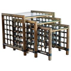 Set of 3 Nesting Bamboo Tables With Glass Top By Gallotti & Radice - Italy, 1970s