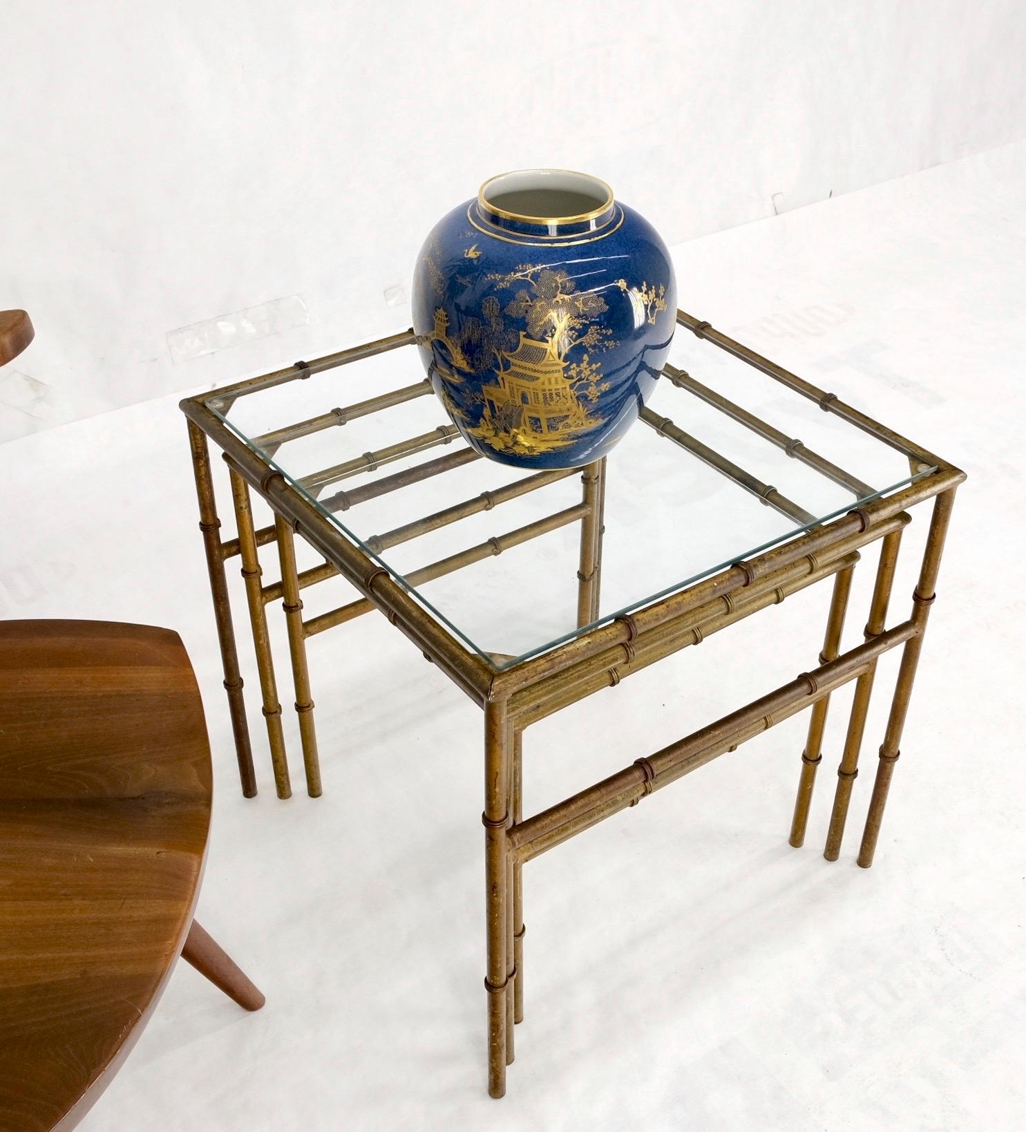 Set of 3 Nesting Glass Top Faux Bamboo Gilt Metal End Side Stacking Tables For Sale 3