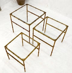 Set of 3 Nesting Glass Top Faux Bamboo Gilt Metal End Side Stacking Tables