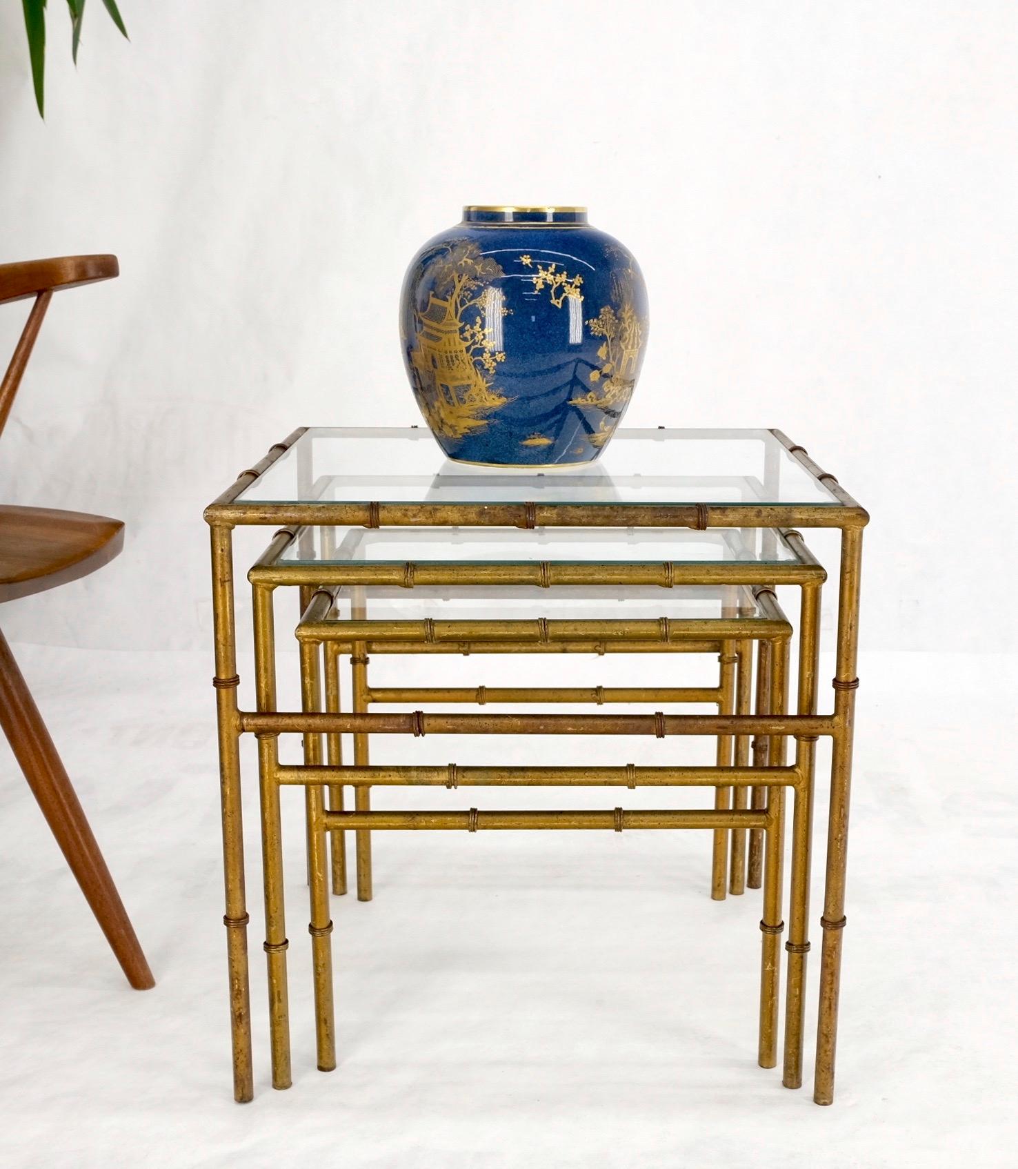 American Set of 3 Nesting Glass Top Faux Bamboo Gilt Metal End Side Stacking Tables For Sale
