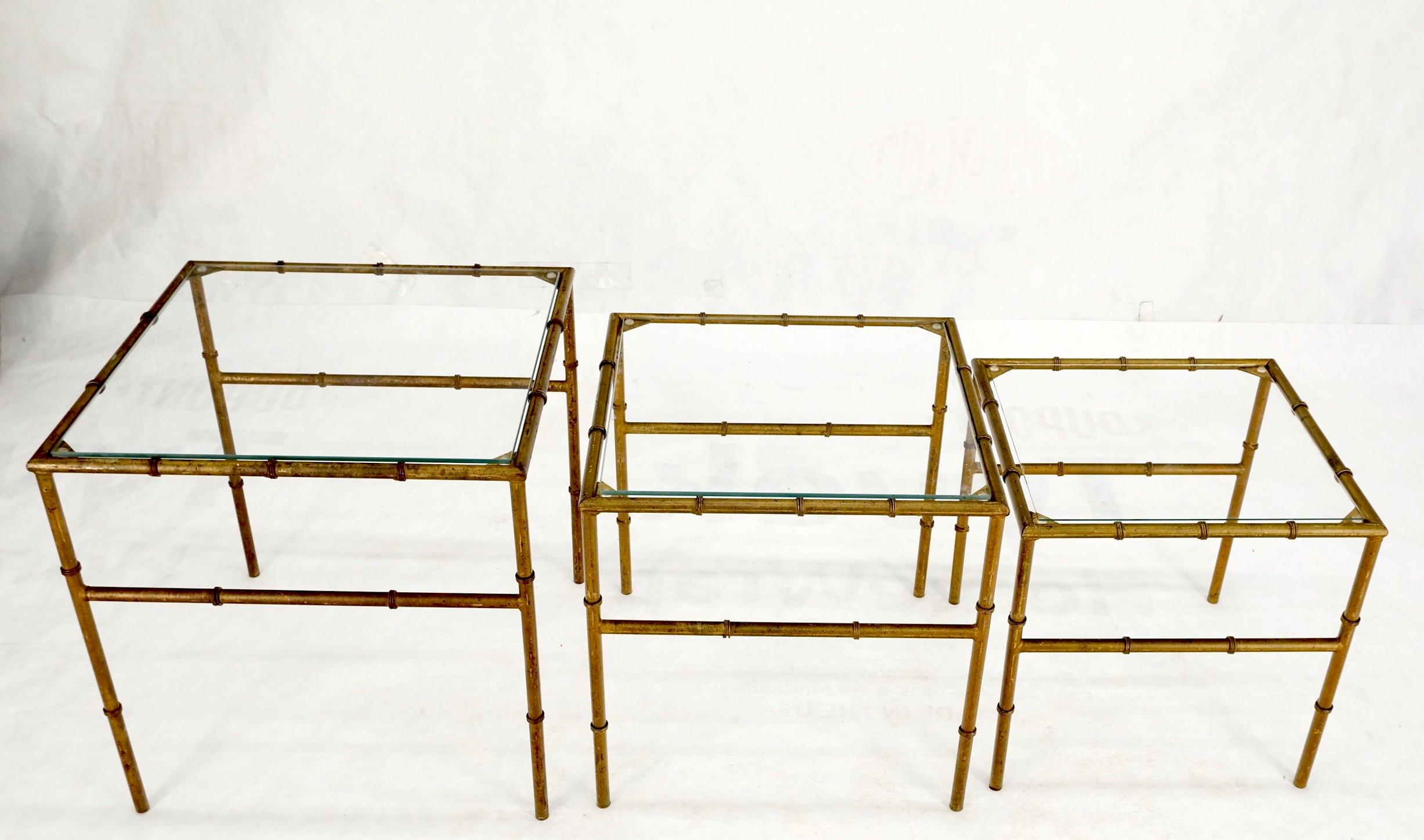 Set of 3 Nesting Glass Top Faux Bamboo Gilt Metal End Side Stacking Tables In Good Condition For Sale In Rockaway, NJ