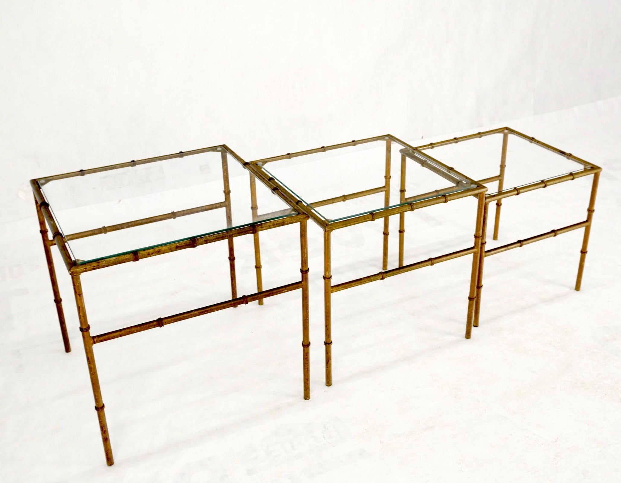 20th Century Set of 3 Nesting Glass Top Faux Bamboo Gilt Metal End Side Stacking Tables For Sale