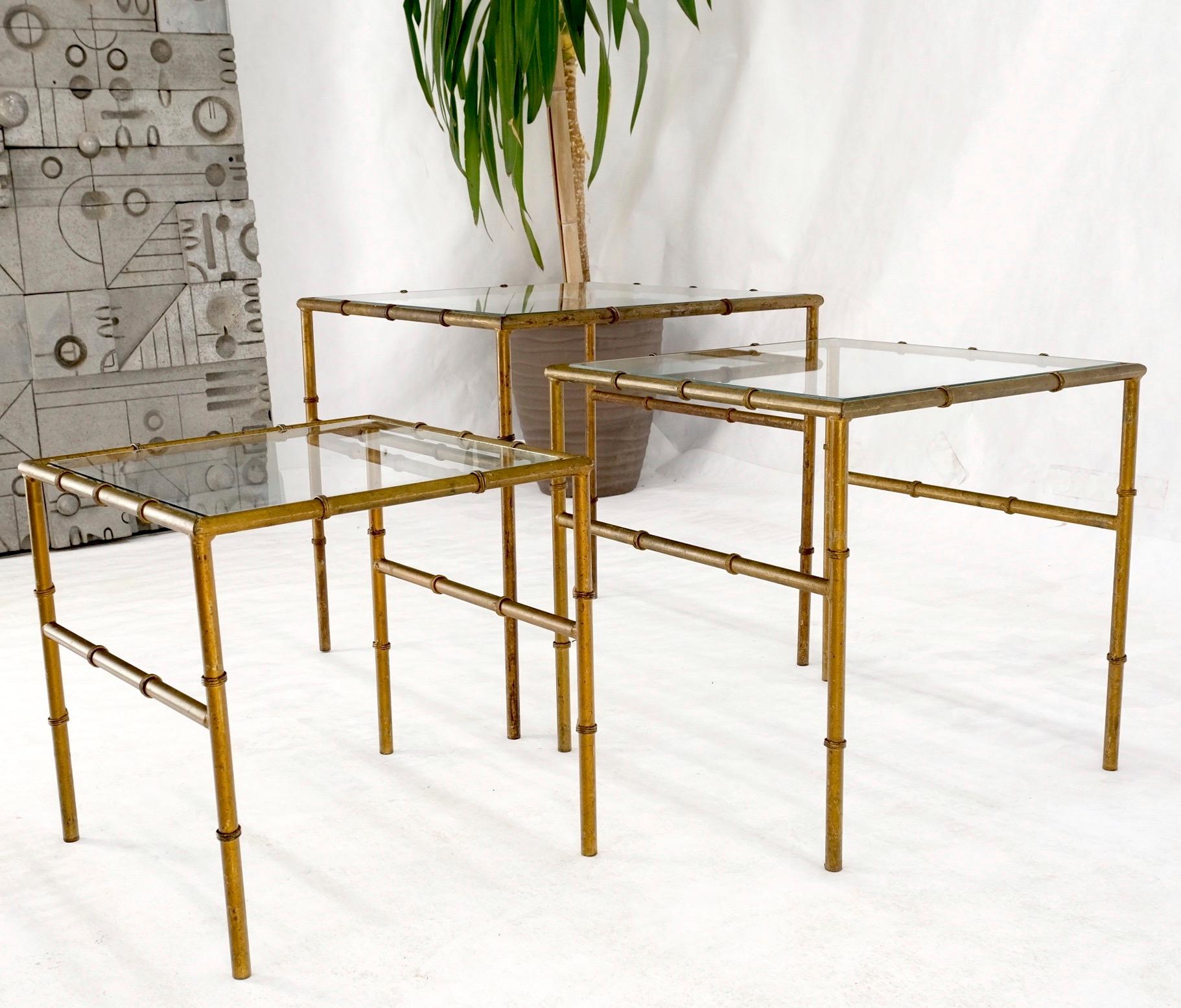 Brass Set of 3 Nesting Glass Top Faux Bamboo Gilt Metal End Side Stacking Tables For Sale