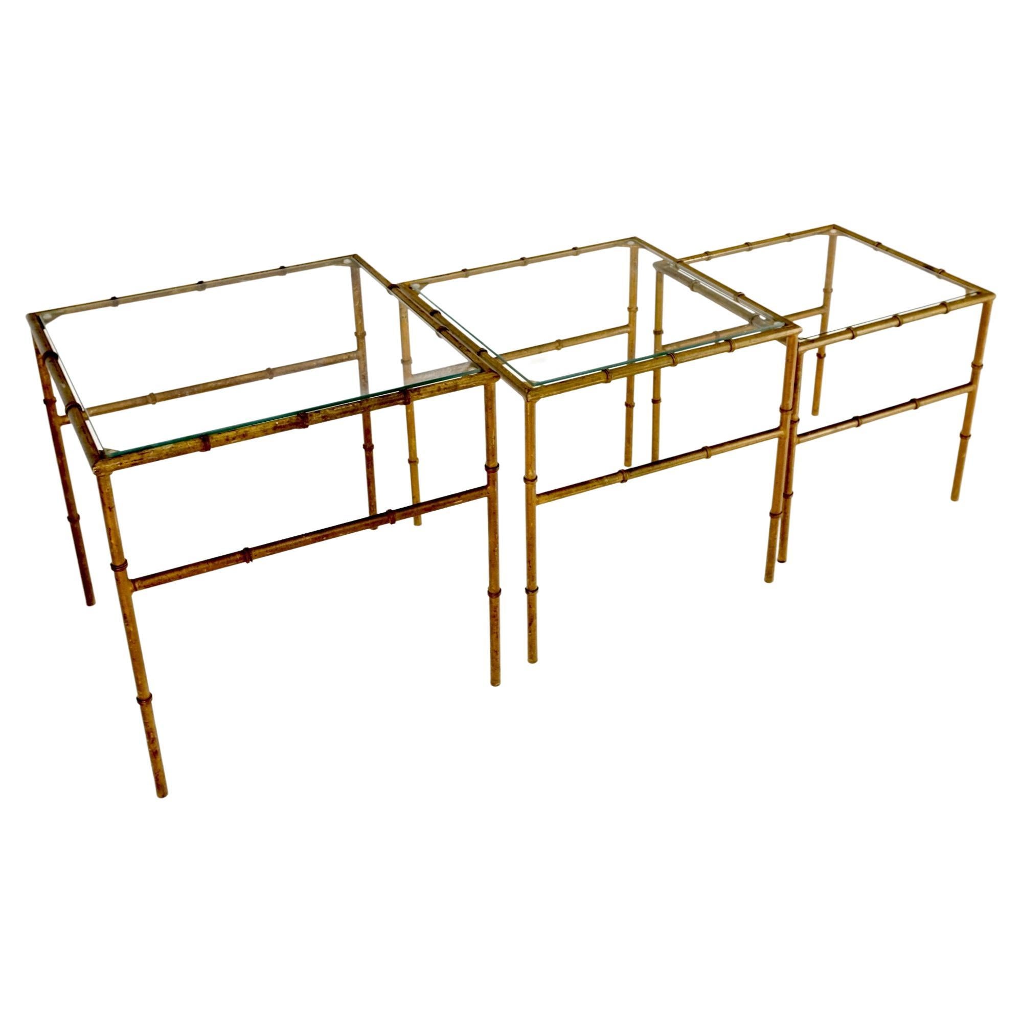 Set of 3 Nesting Glass Top Faux Bamboo Gilt Metal End Side Stacking Tables For Sale