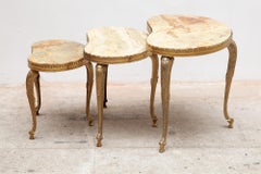 Set of 3 Nesting Onyx, Brass Kidney Shaped Coffee Side Tables, Italy, 1970s