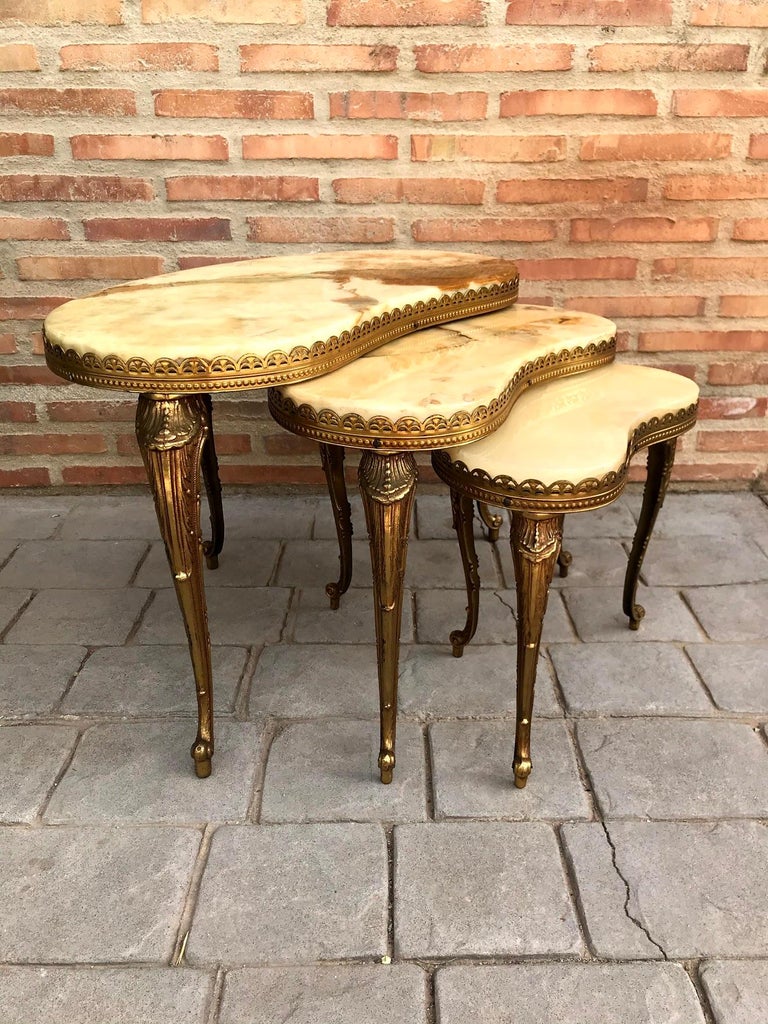 Set of 3 Nesting Onyx, Brass Kidney Shaped Coffee Side Tables, Italy ...